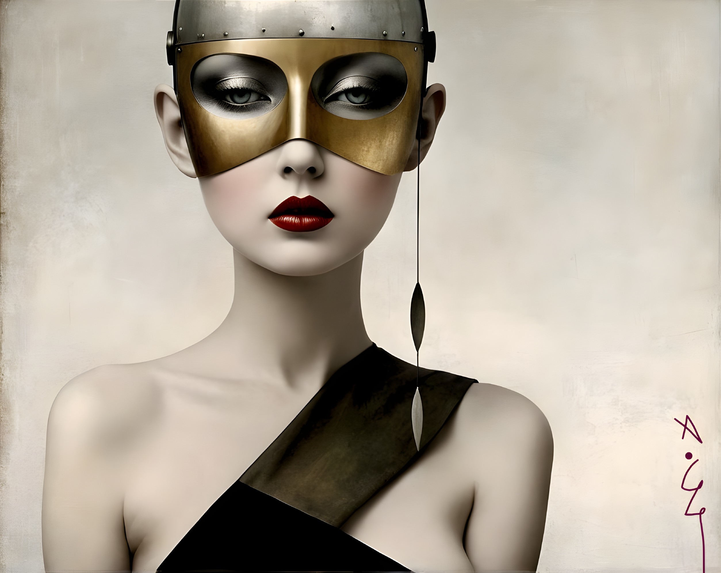 Futuristic Figure with Golden Half-Mask and Bold Makeup