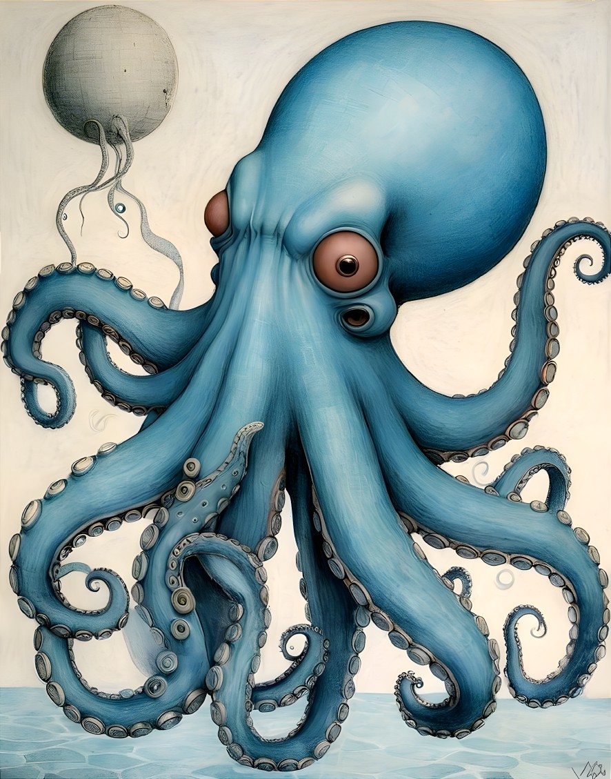 Vibrant Octopus with Moon Orb in Whimsical Art