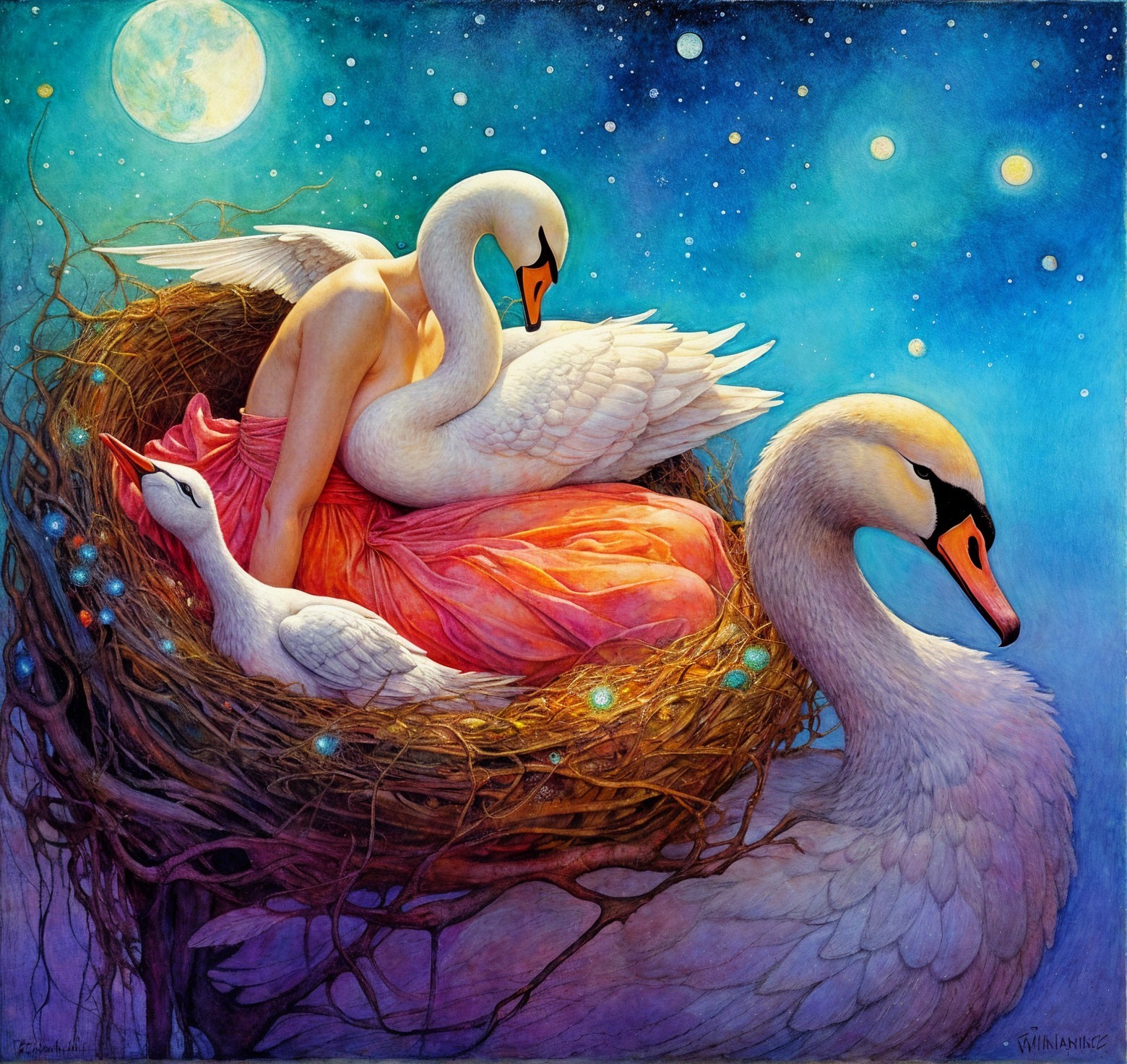 Surreal Scene of Woman with Swan's Head in Nest