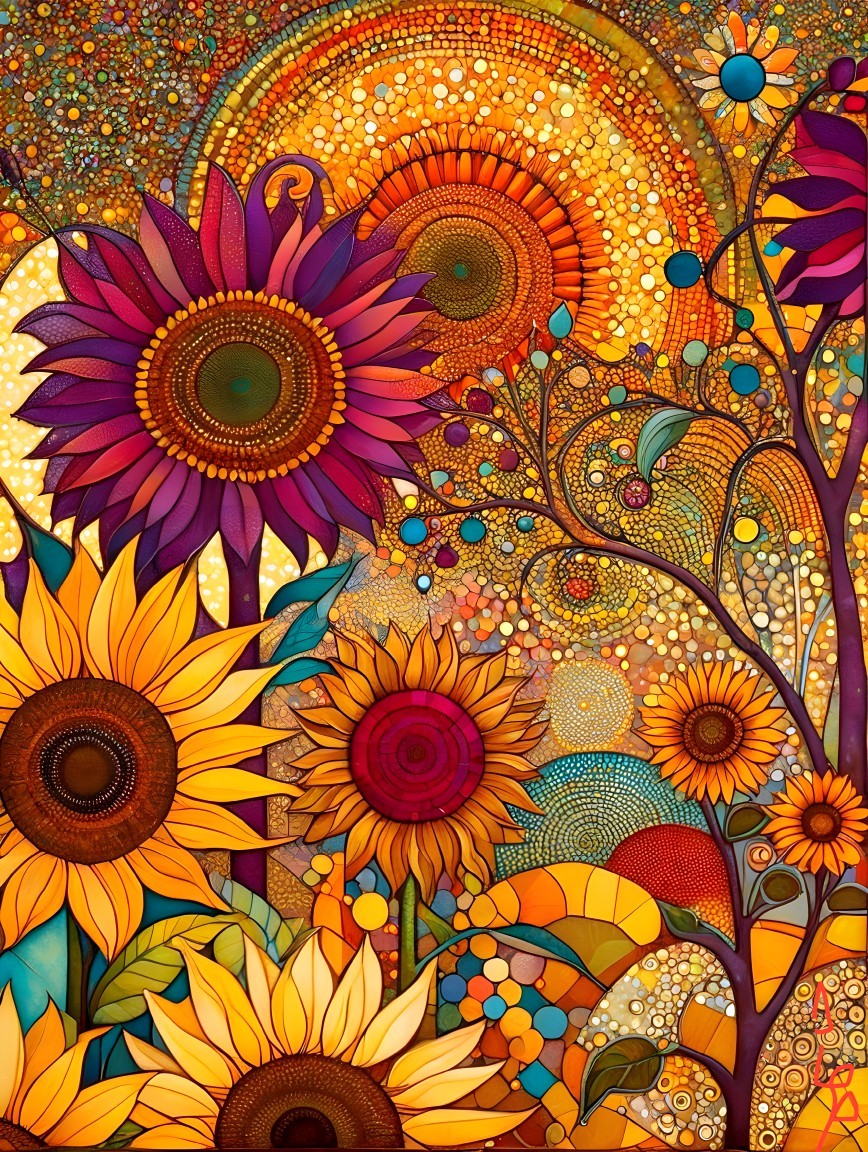 Vibrant Landscape with Stylized Sunflowers and Patterns