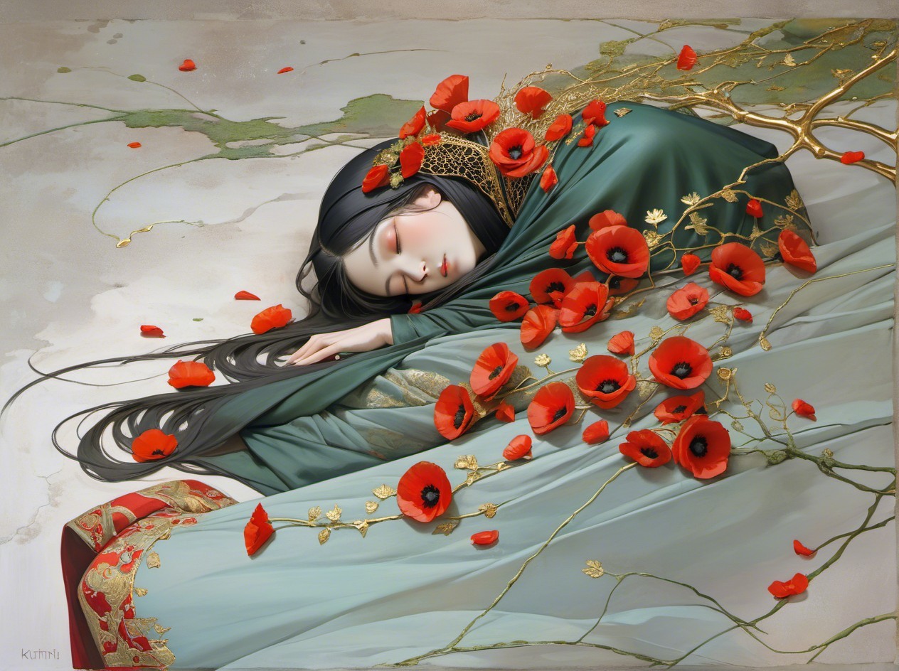 Realistic Painting of Asian Woman with Tulips and Branches