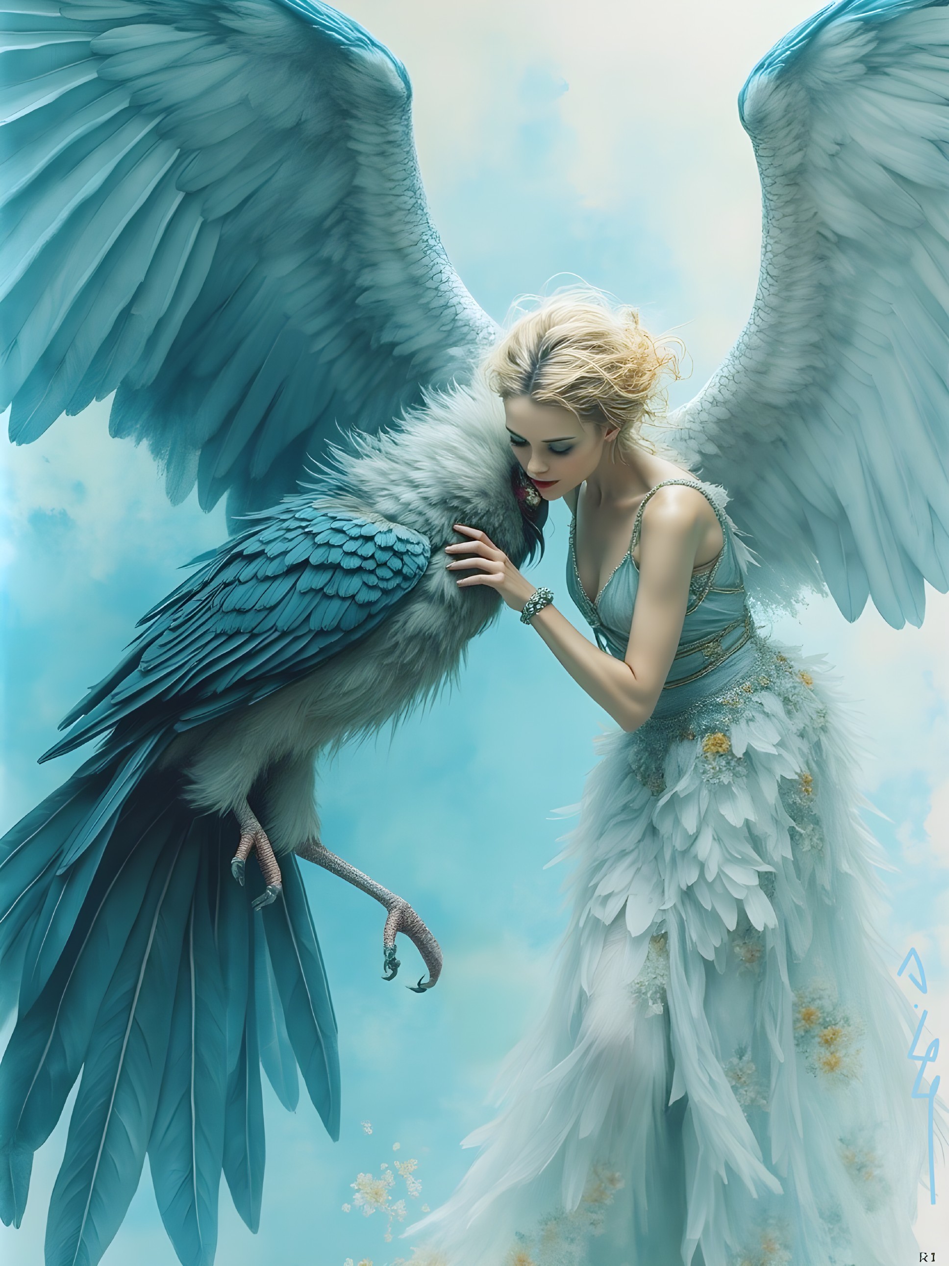 Ethereal Woman in Flowing Gown with Vibrant Bird