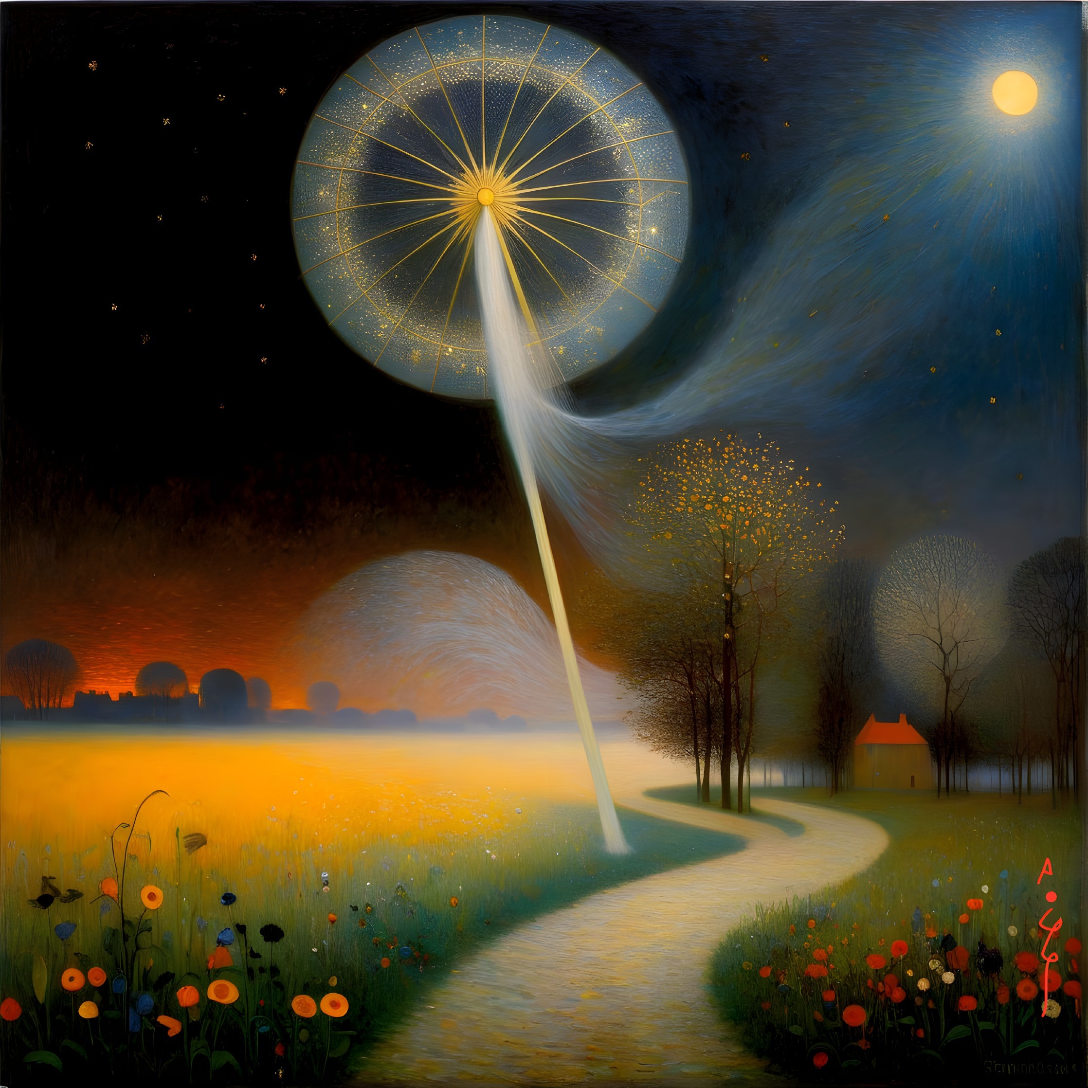 Serene Dusk Landscape with Luminous Dandelion Structure