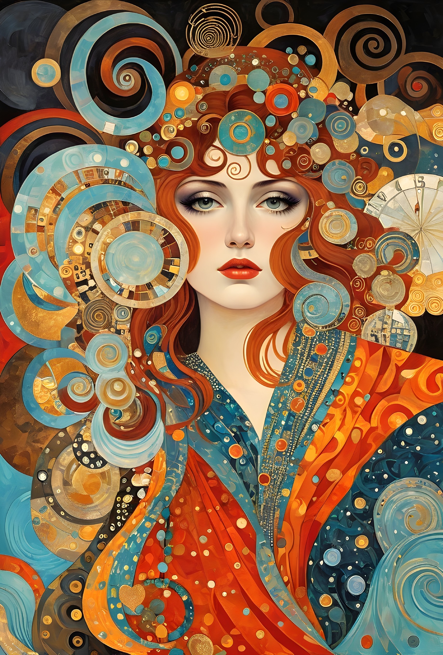 Portrait of a woman with red hair and vibrant patterns