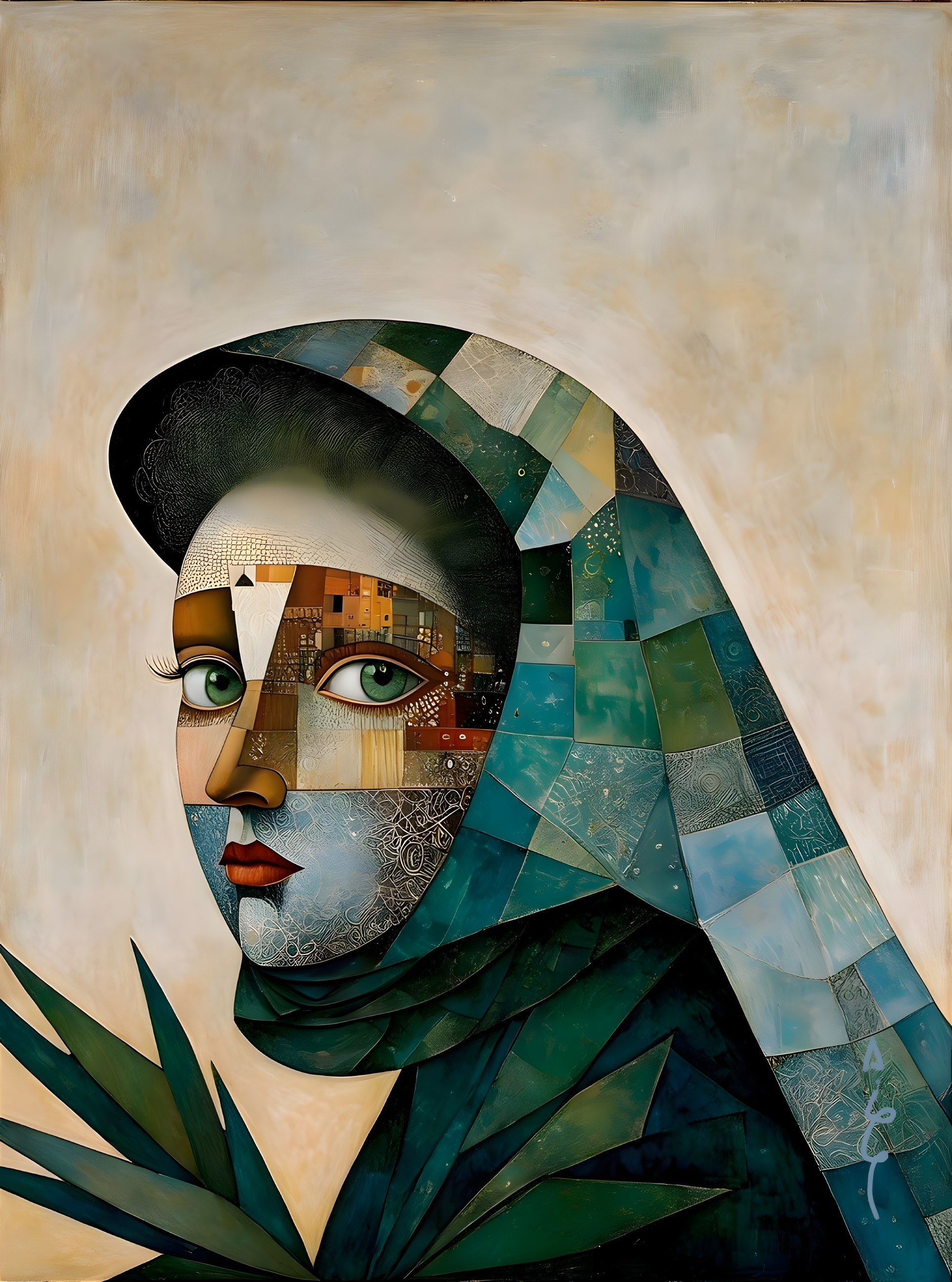 Stylized Portrait of a Woman with Colorful Headscarf