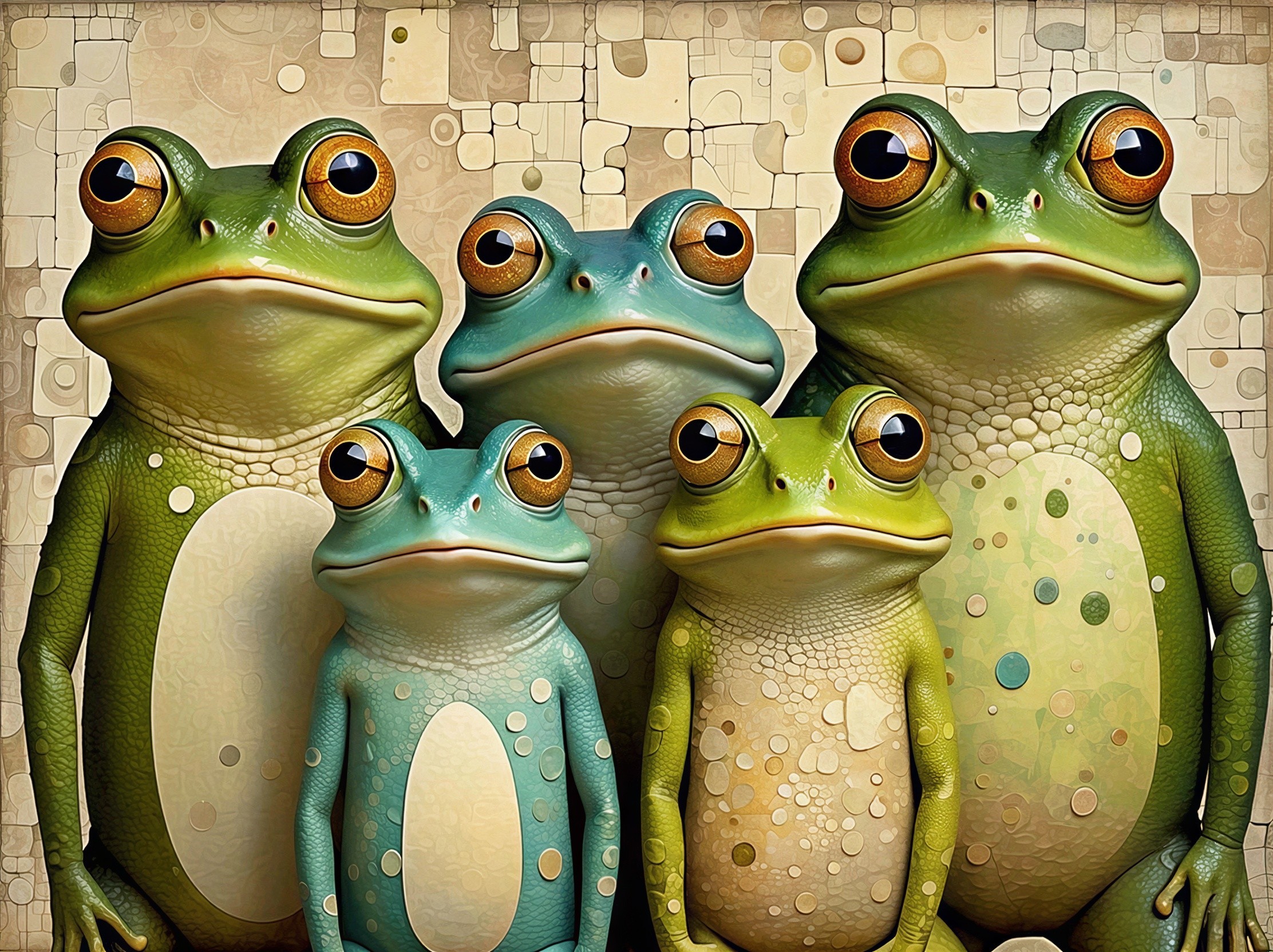 Group of Five Cartoon Frogs in Various Sizes and Colors