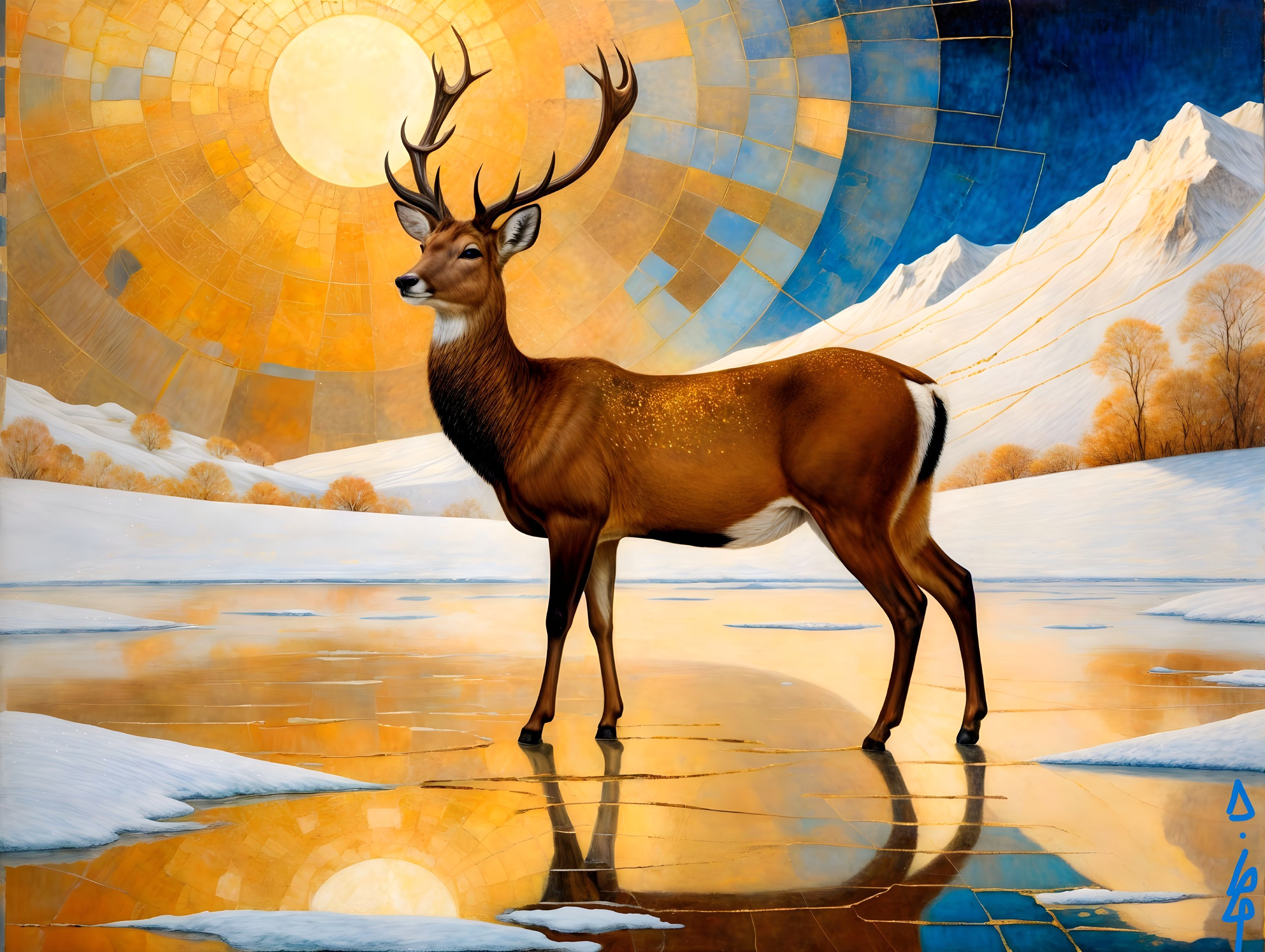 Majestic stag on frozen lake with geometric sun backdrop