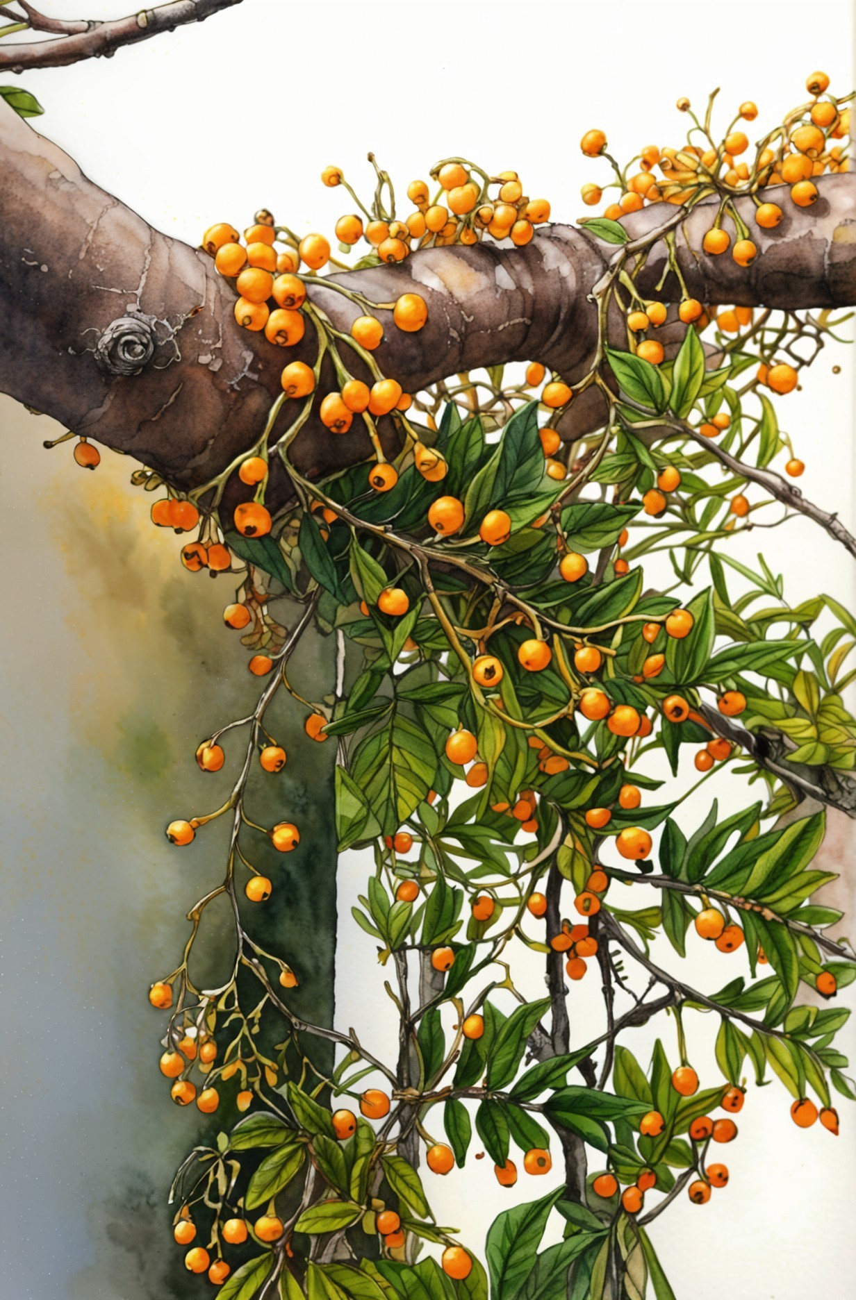 Watercolor Artwork of Tree Branch with Orange Berries