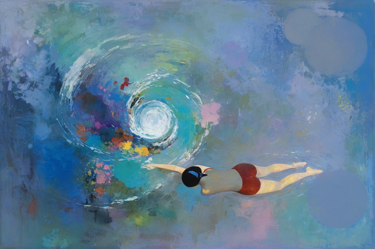 Abstract Painting of a Swimmer in Vibrant Colors