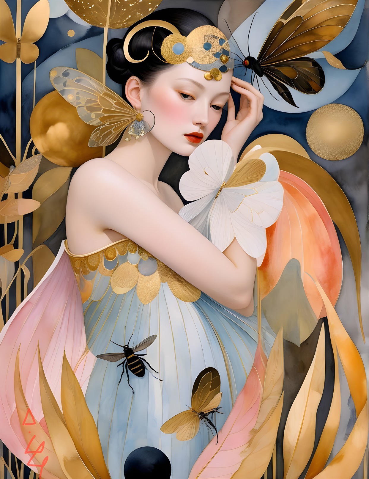 Serene Figure Surrounded by Butterflies and Flowers