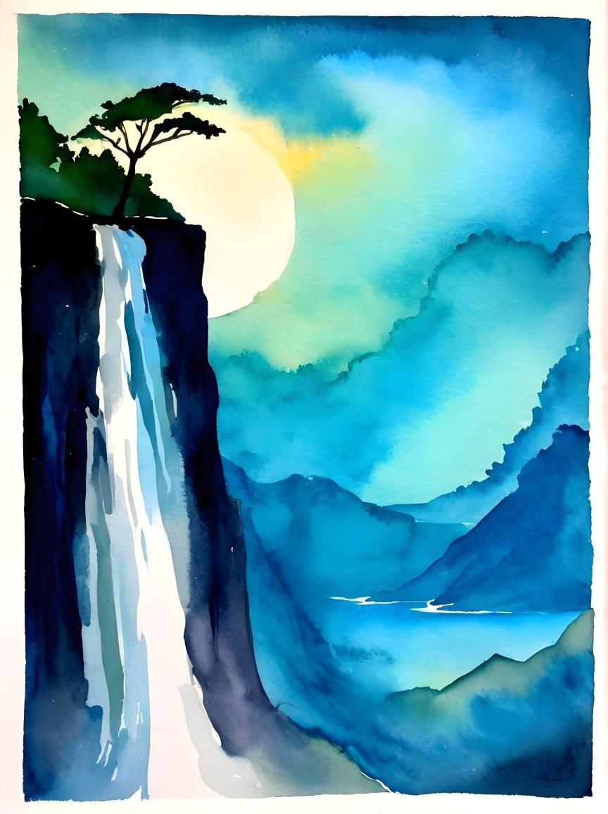 Tranquil Watercolor of Waterfall and Lush Trees