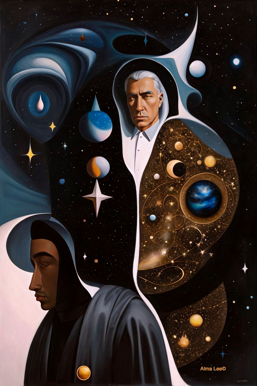 Cosmic Scene with Figures Symbolizing Knowledge and Mystery