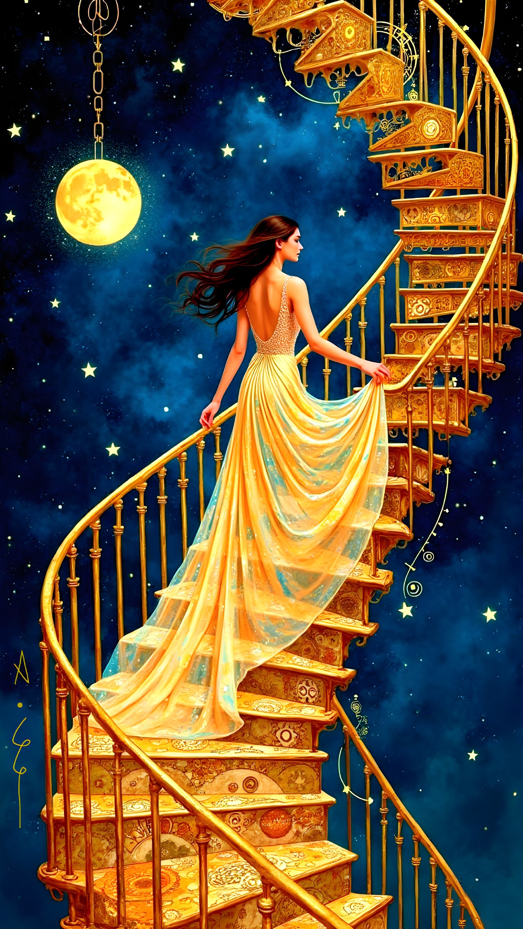 Woman in Yellow Gown on Opulent Spiral Staircase