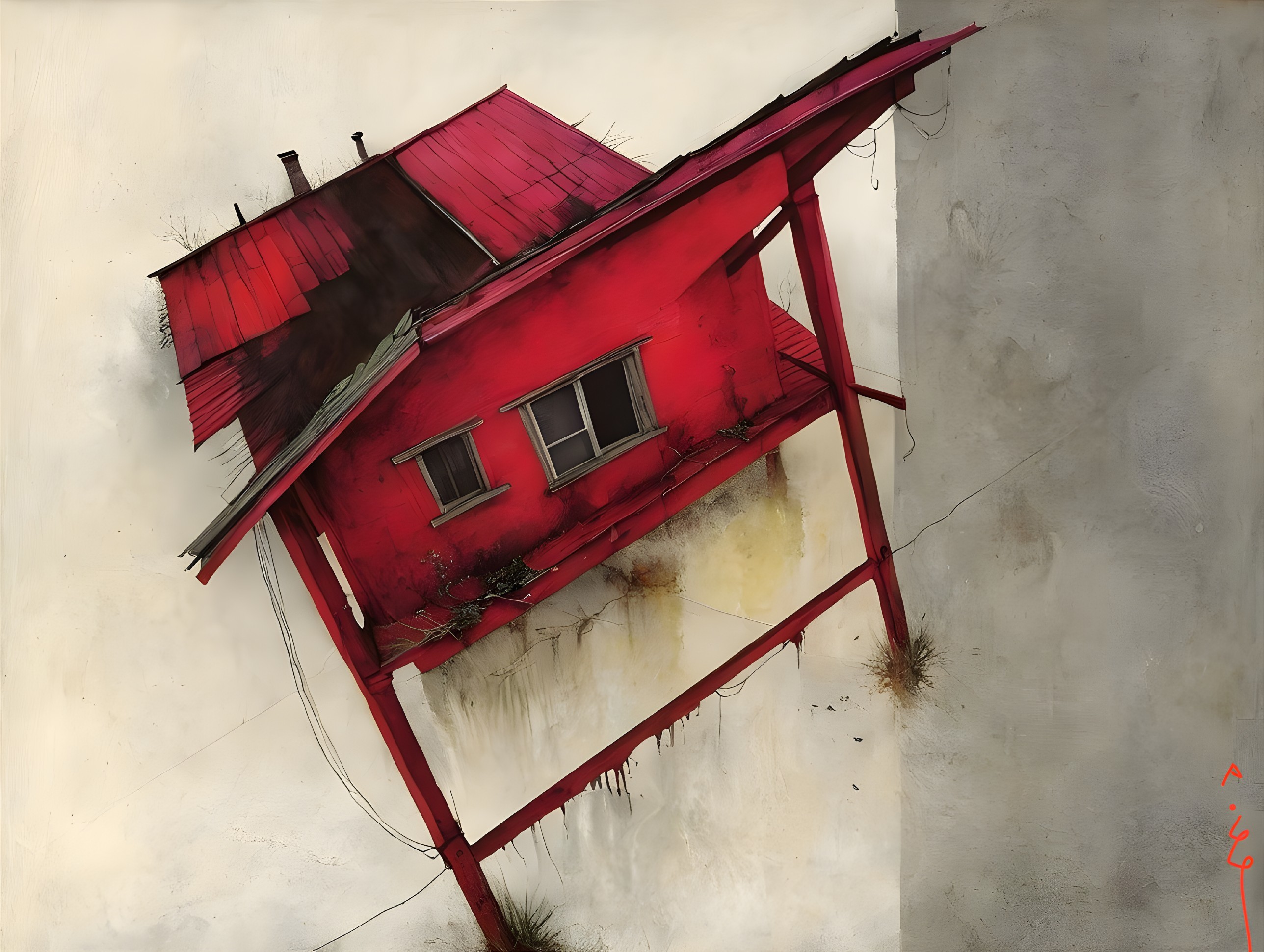 Surreal Red House Suspended in Mid-Air with Plants