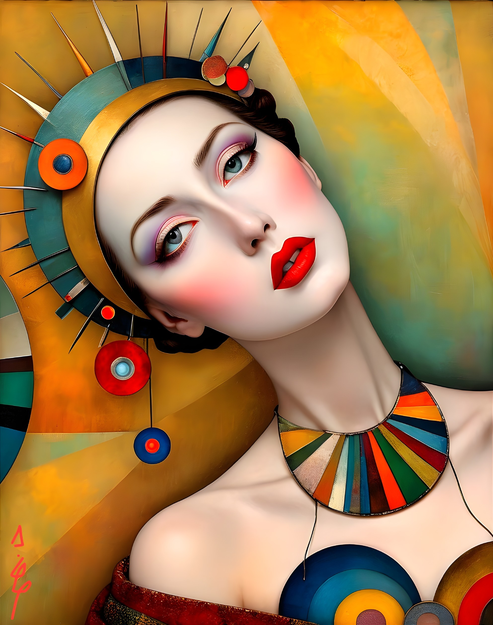 Elegant Figure with Geometric Headdress and Bold Colors