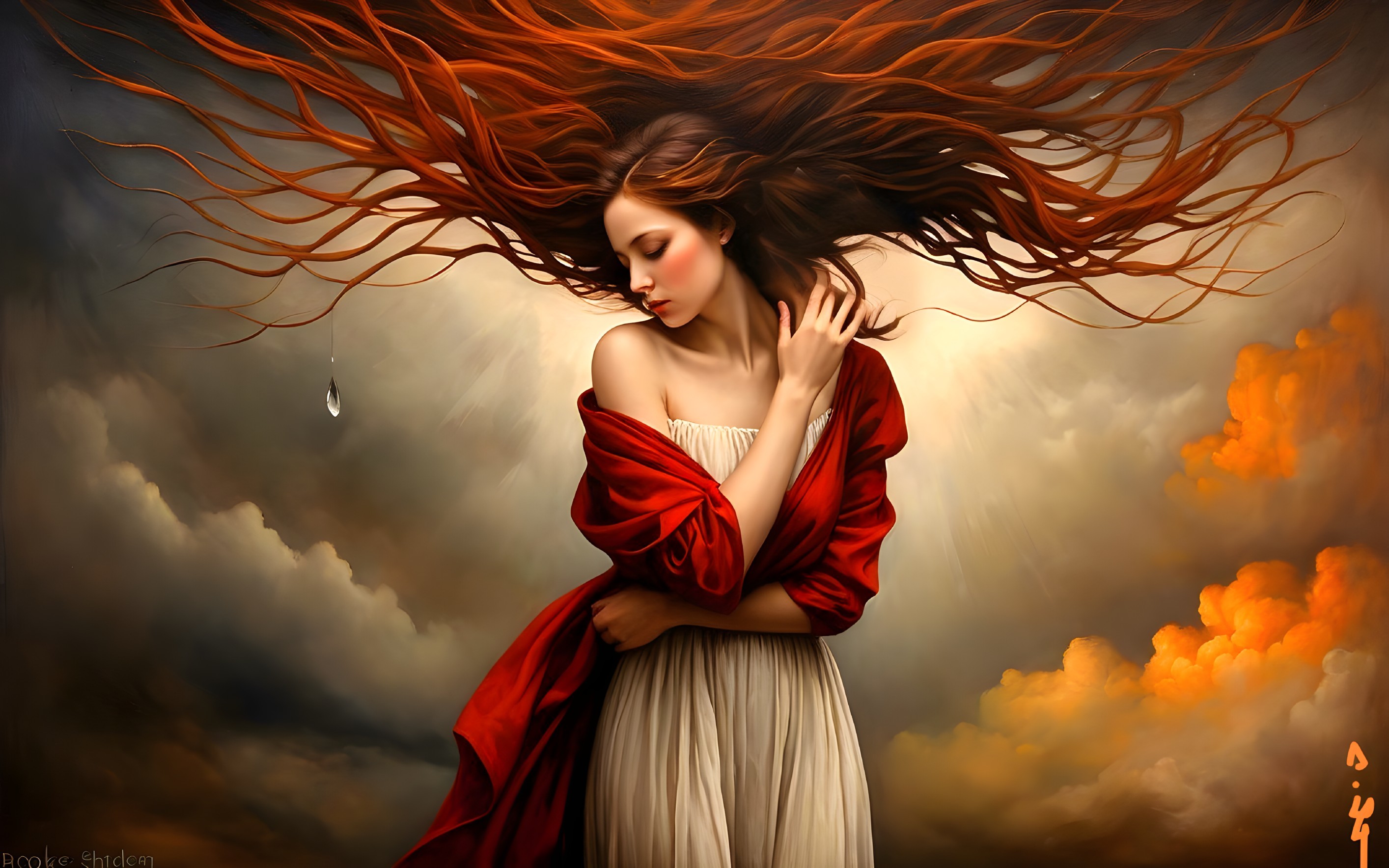 Young woman with red hair in flowing white dress