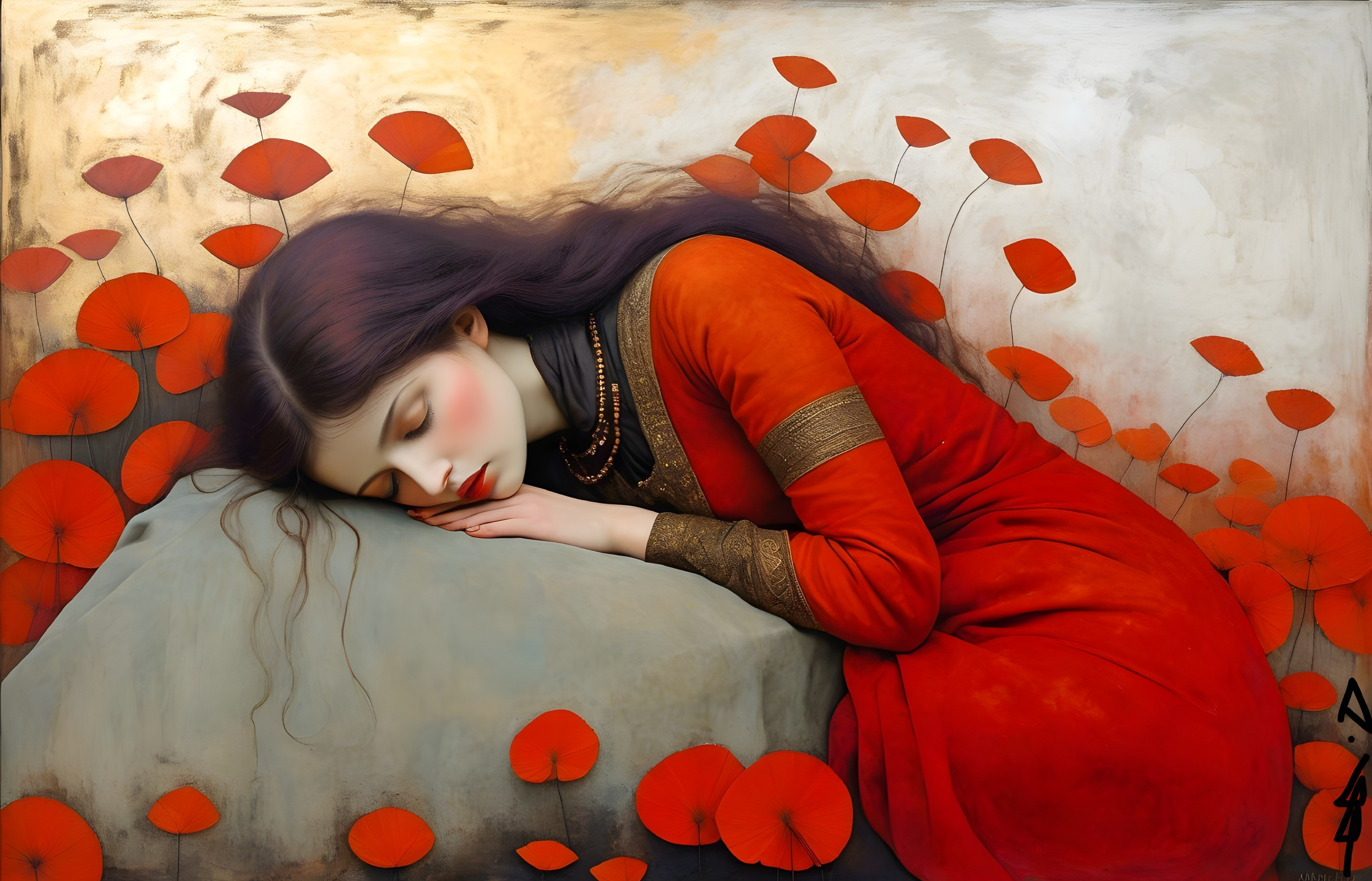 Auburn-haired woman in red gown asleep on cushion