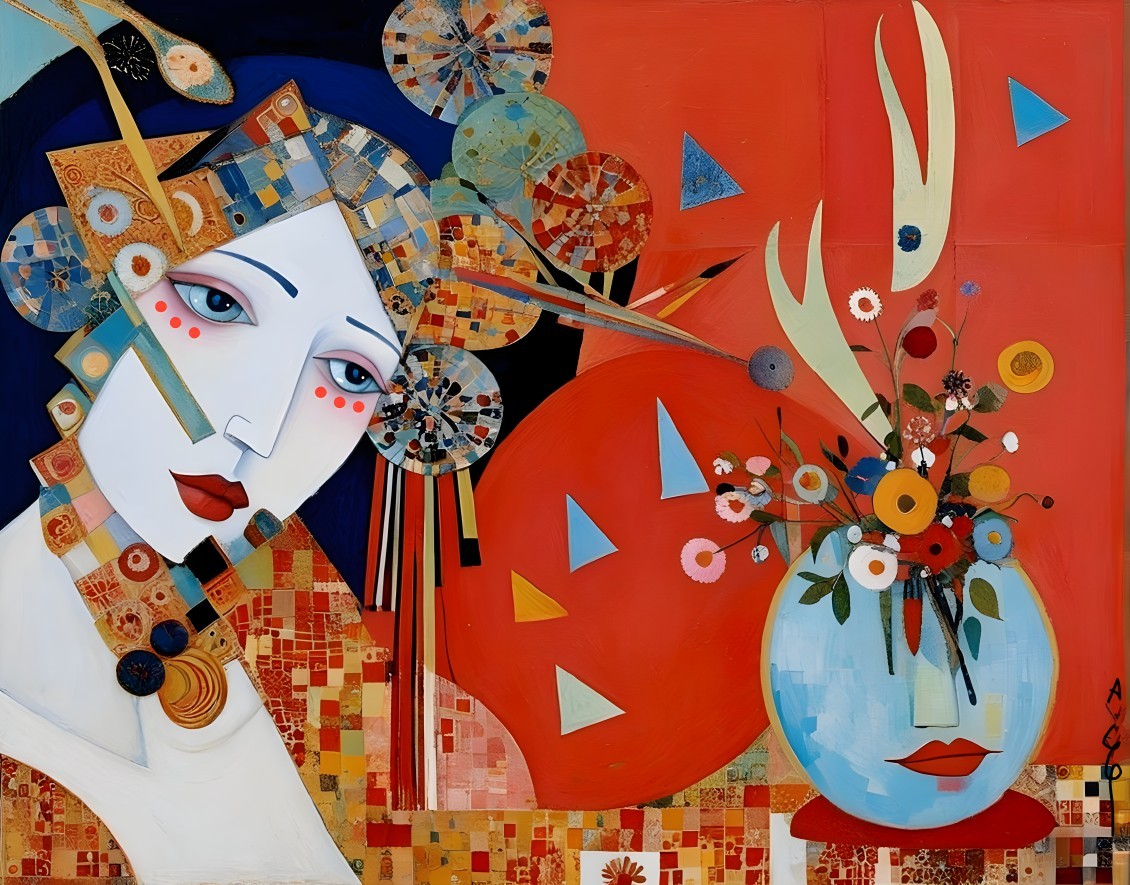 Abstract Artwork with Floral and Human Elements