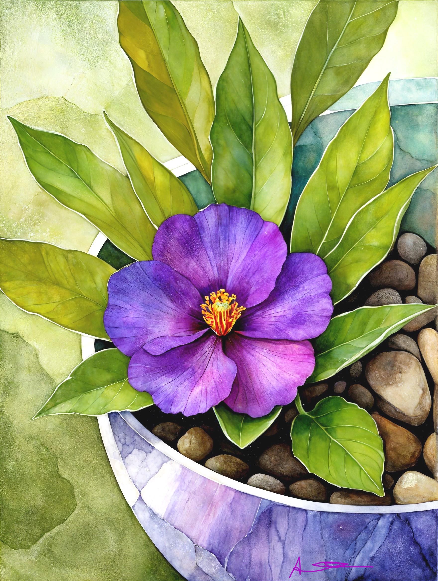 Vibrant Purple Flower Surrounded by Green Leaves