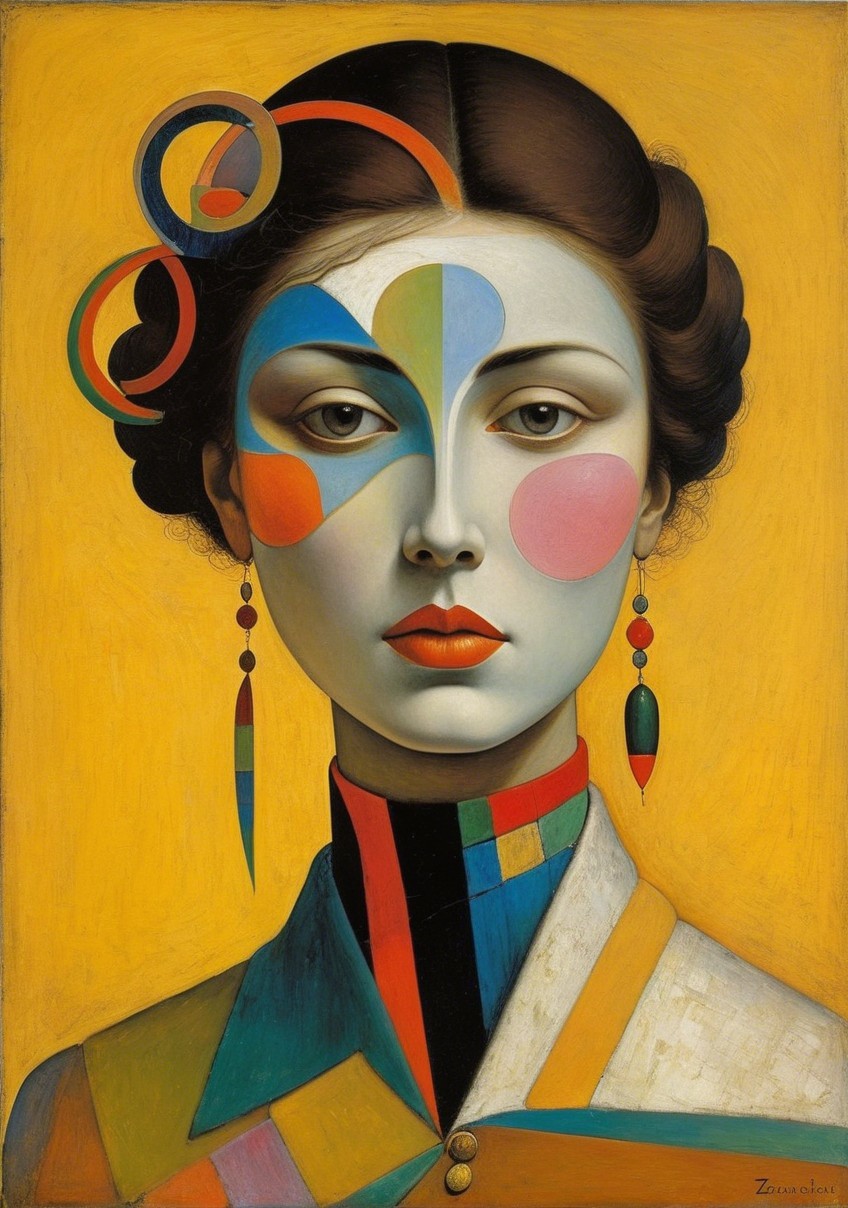 Stylized Portrait of a Woman with Geometric Design