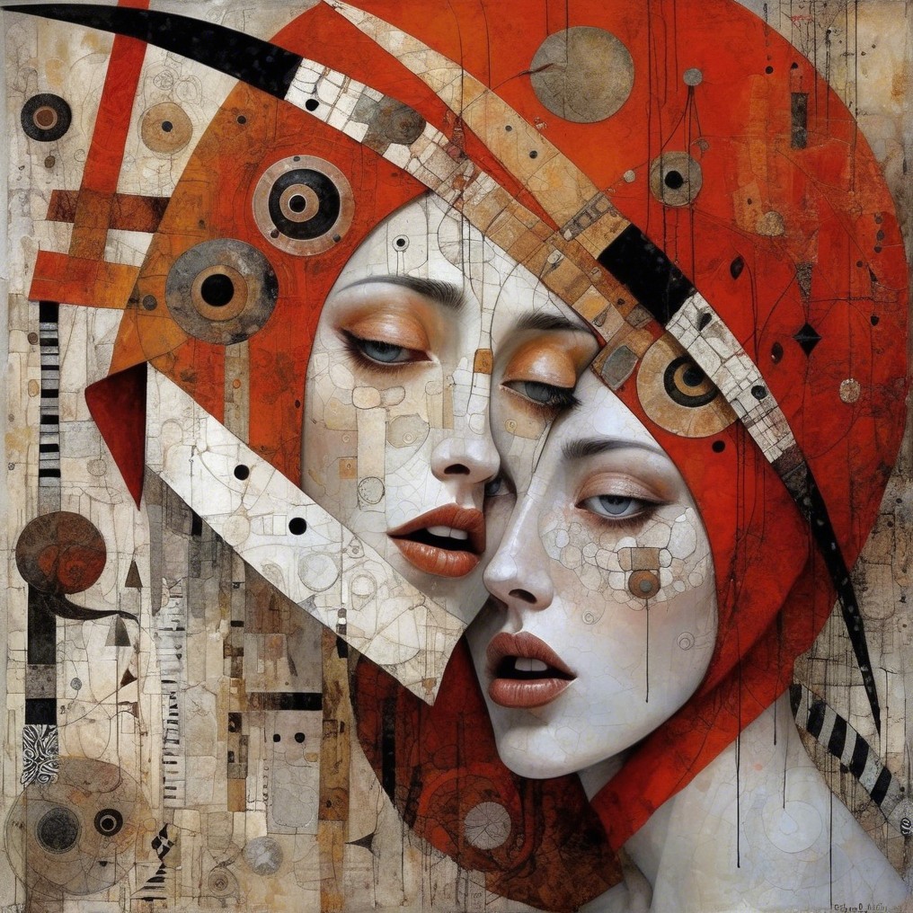 Intertwined Female Faces with Geometric Background