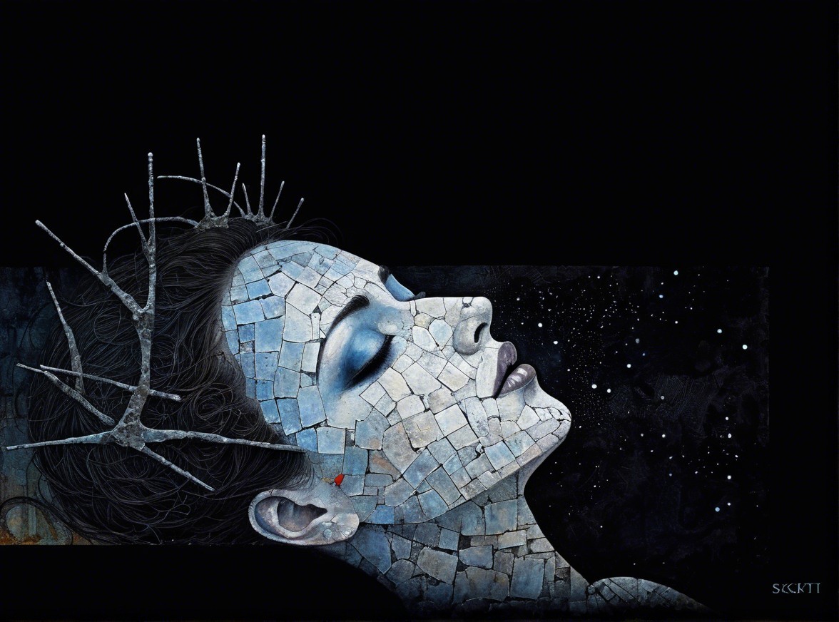 Serene Woman's Face in Mosaic with Blue Shades