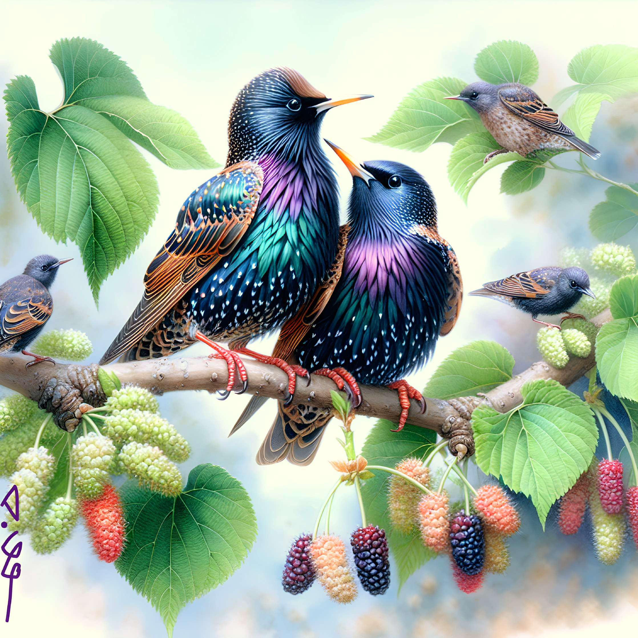 Vibrant Starlings on a Leafy Branch with Mulberries