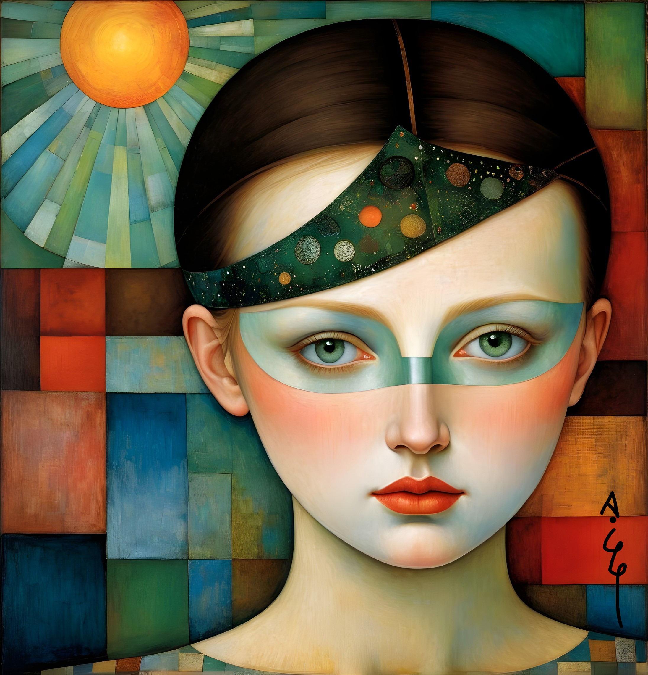 Stylized portrait of a young woman with celestial themes