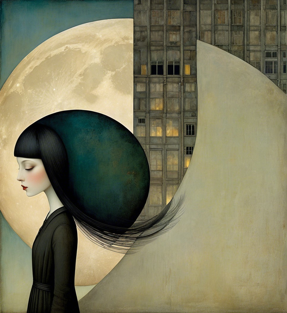 Whimsical Girl in Black Hat Against Moonlit Cityscape