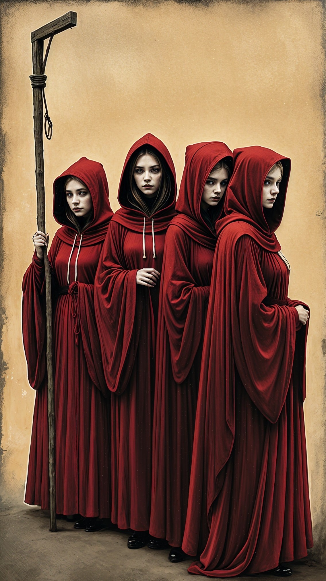 Four Hooded Figures in Red Robes with Staff