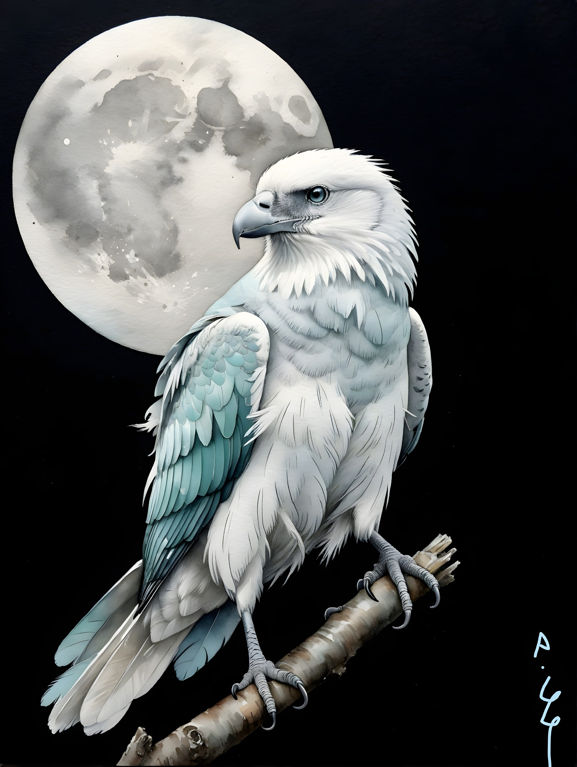 White Hawk Under Full Moon with Icy Blue Feathers