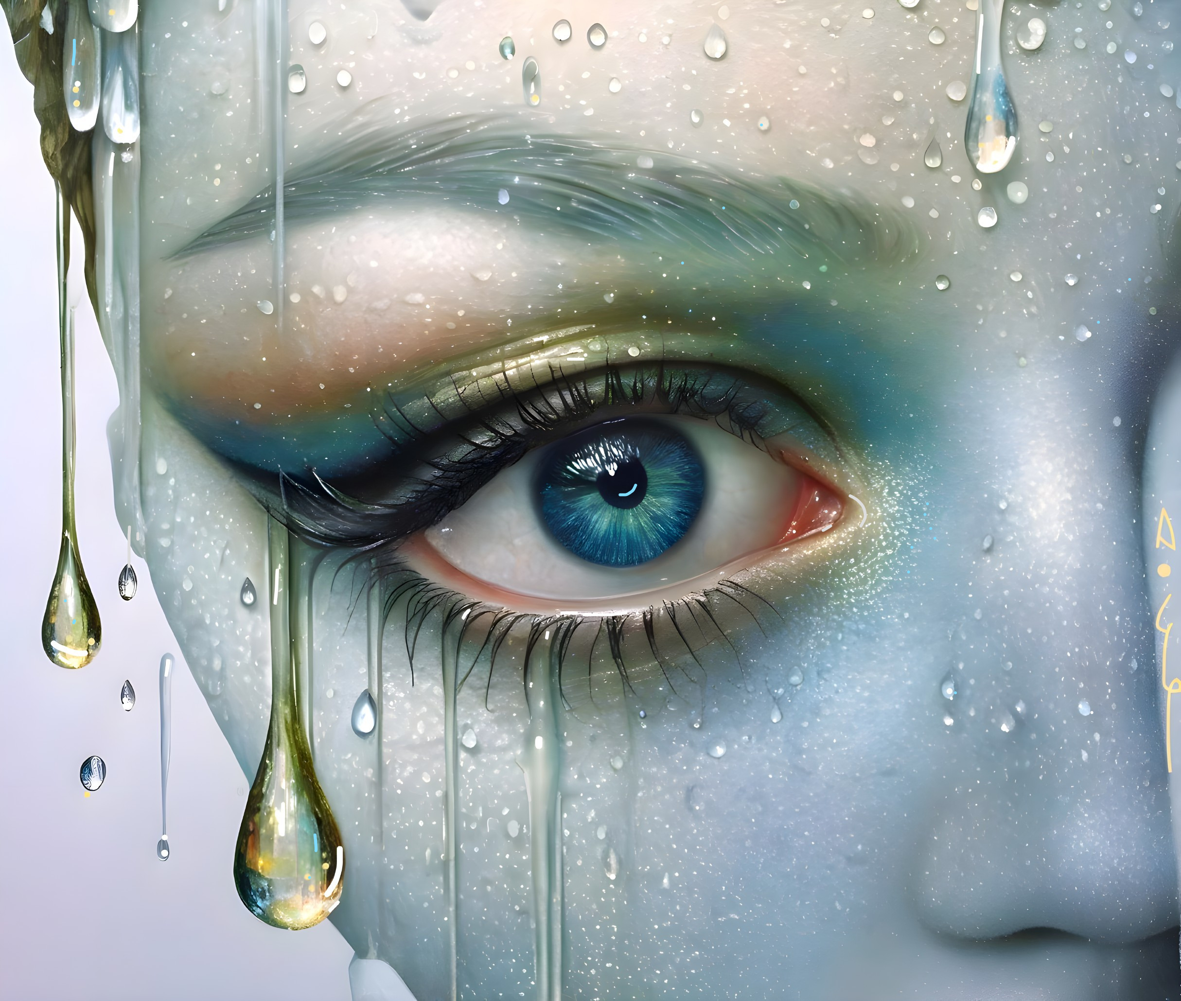 Close-up of a blue eye with shimmering droplets