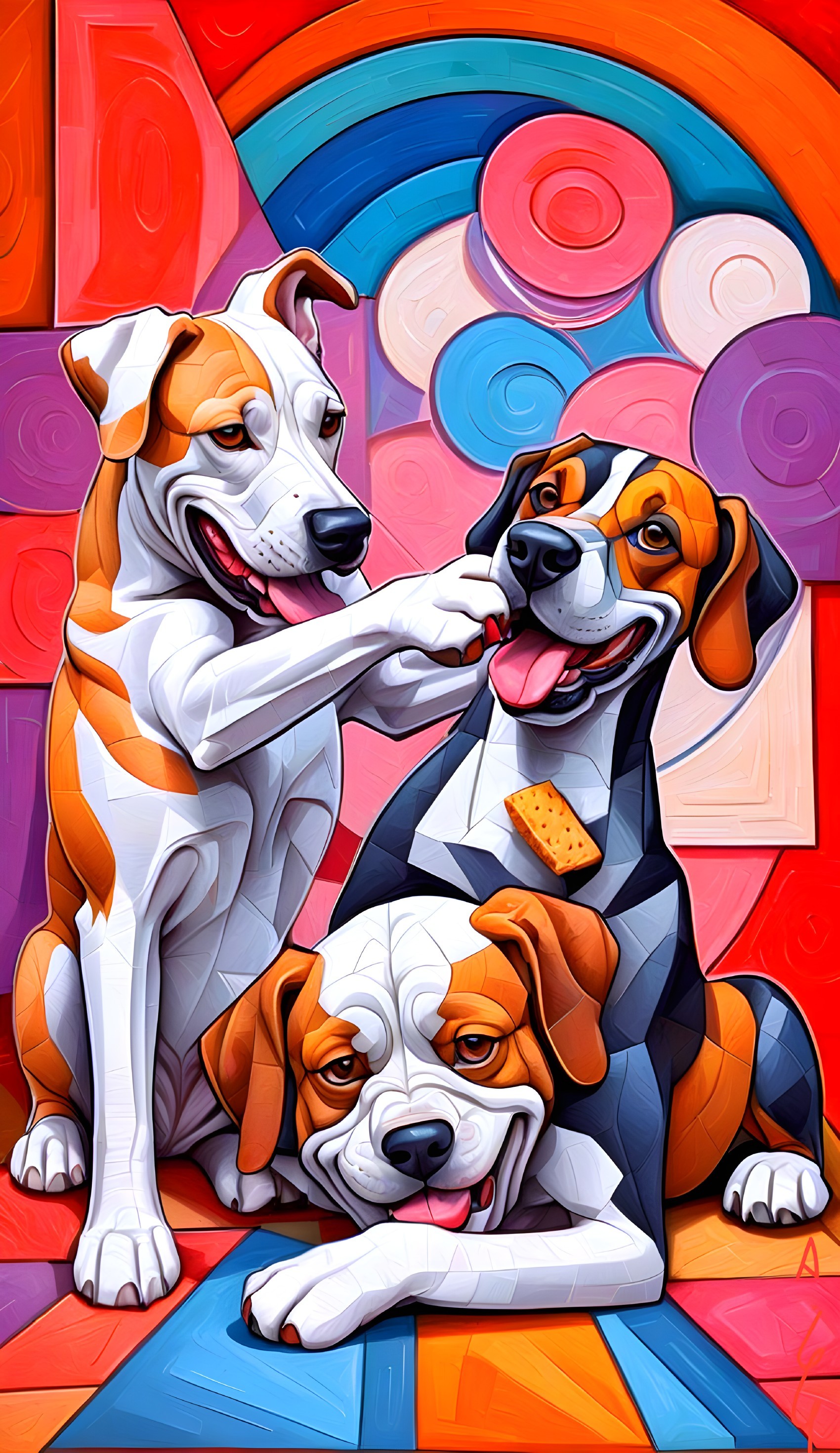 Three Playful Dogs Against Vibrant Abstract Background