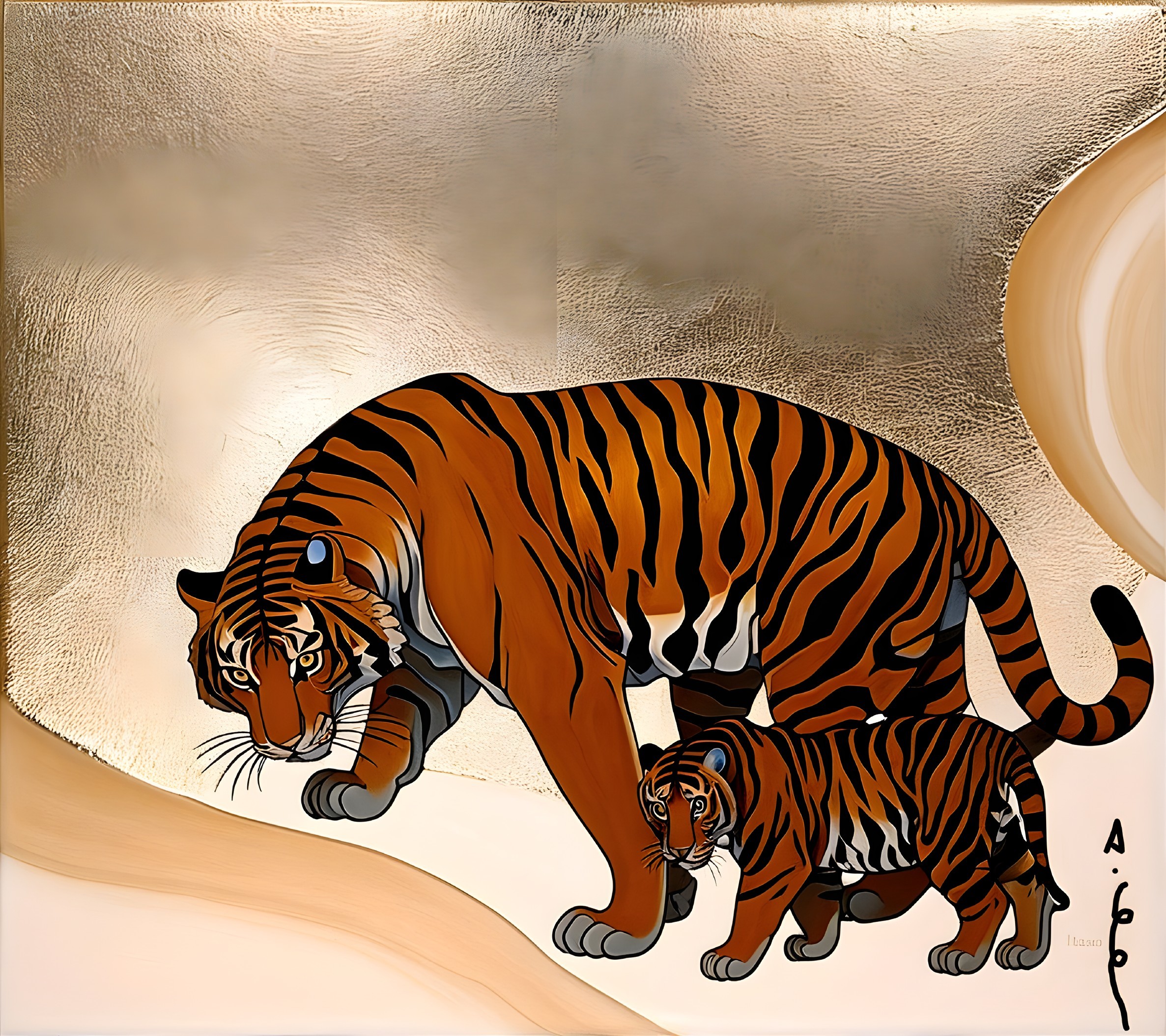 Stylized Tiger and Cub with Gold Background