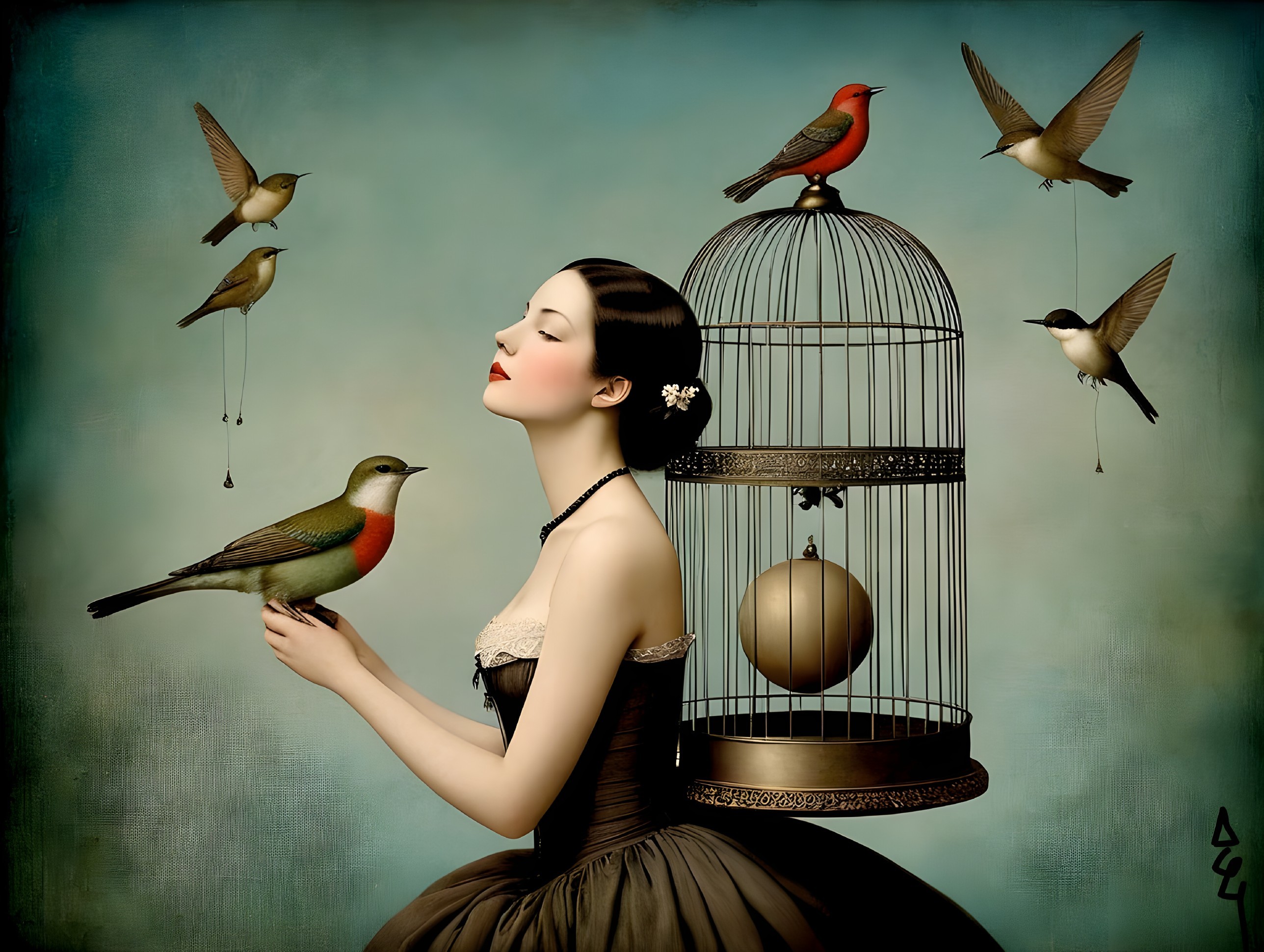 Serene Woman with Colorful Birds and Birdcage