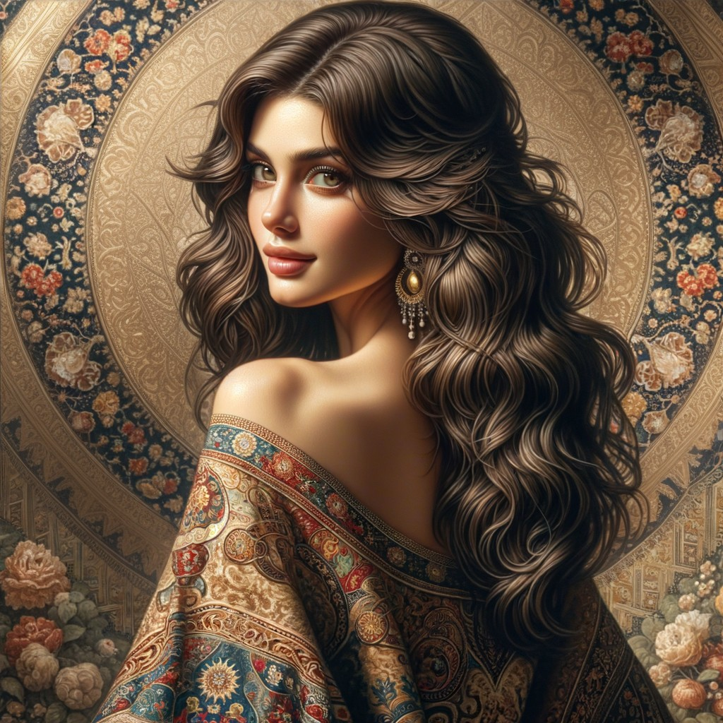 Detailed portrait of woman with wavy hair and ornate earrings against floral backdrop