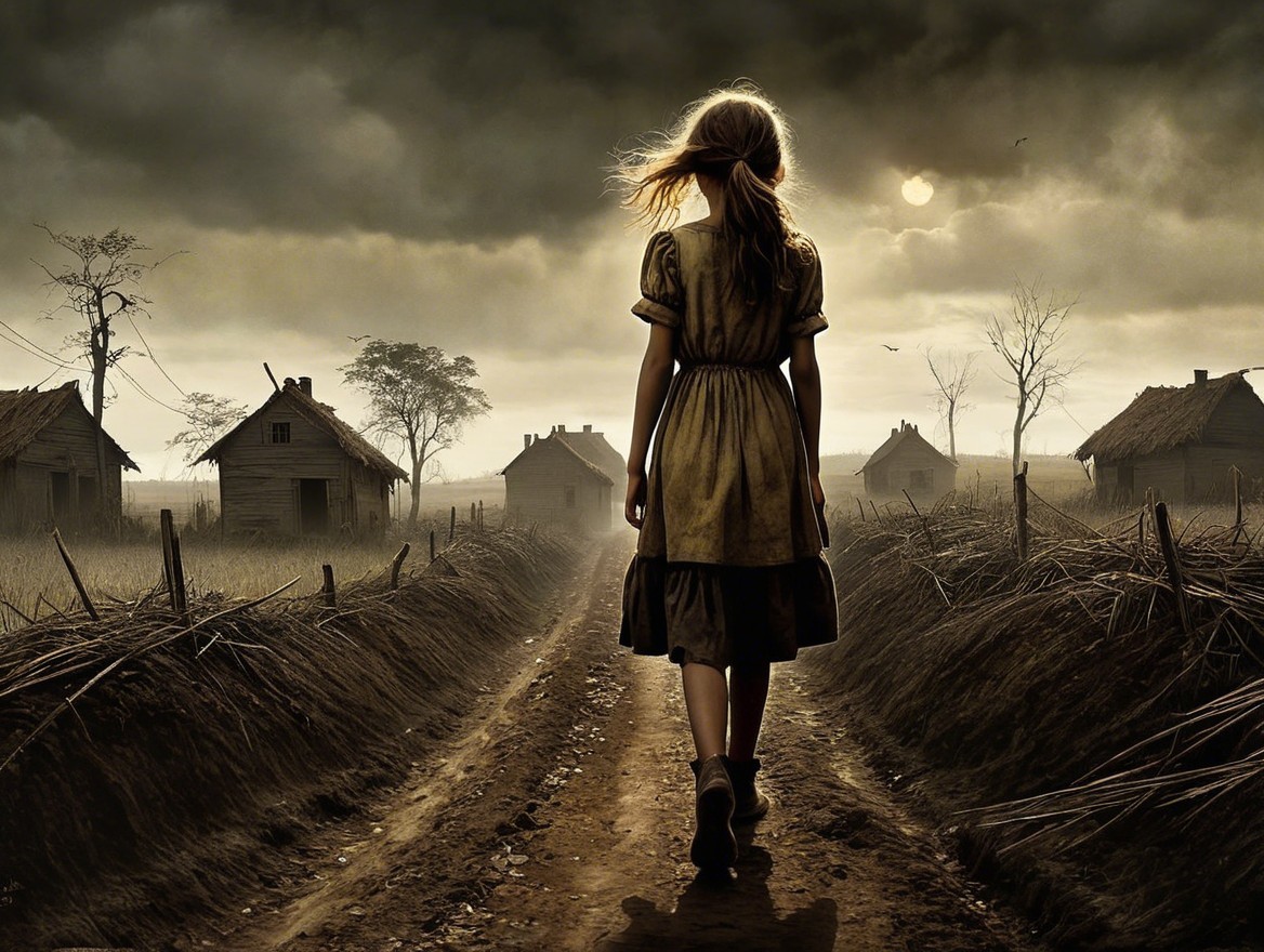 Solitary girl walking on a dirt road in desolate landscape