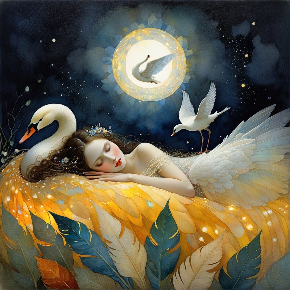 Serene Woman on Swan in Dreamlike Night Scene