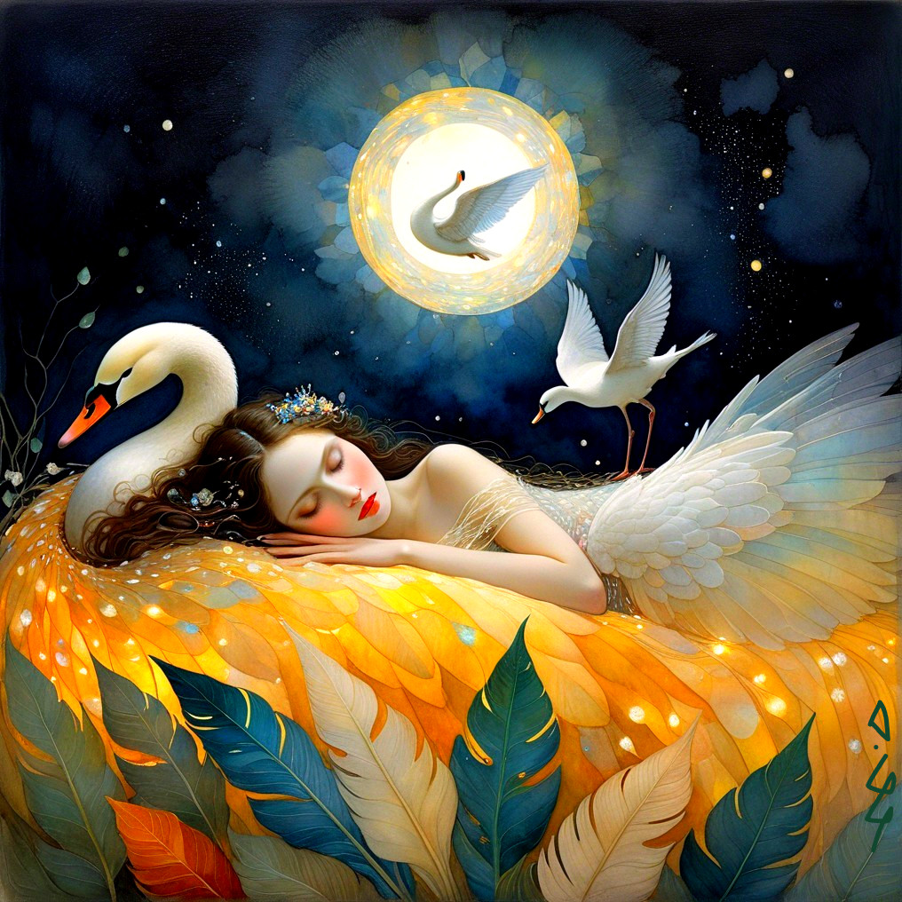 Serene Woman on Swan in Dreamlike Night Scene