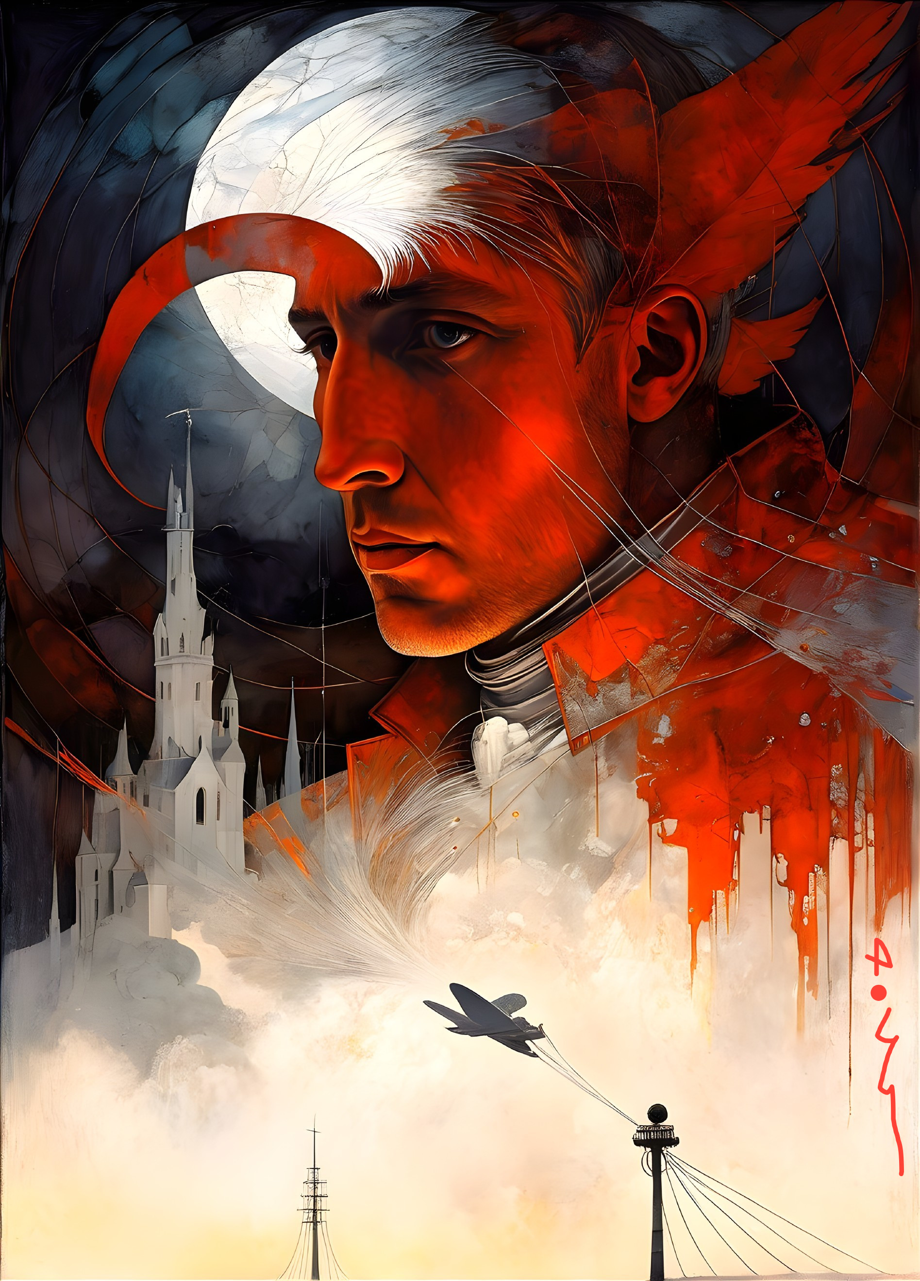 Surrealist Illustration with Somber Figure and Moon