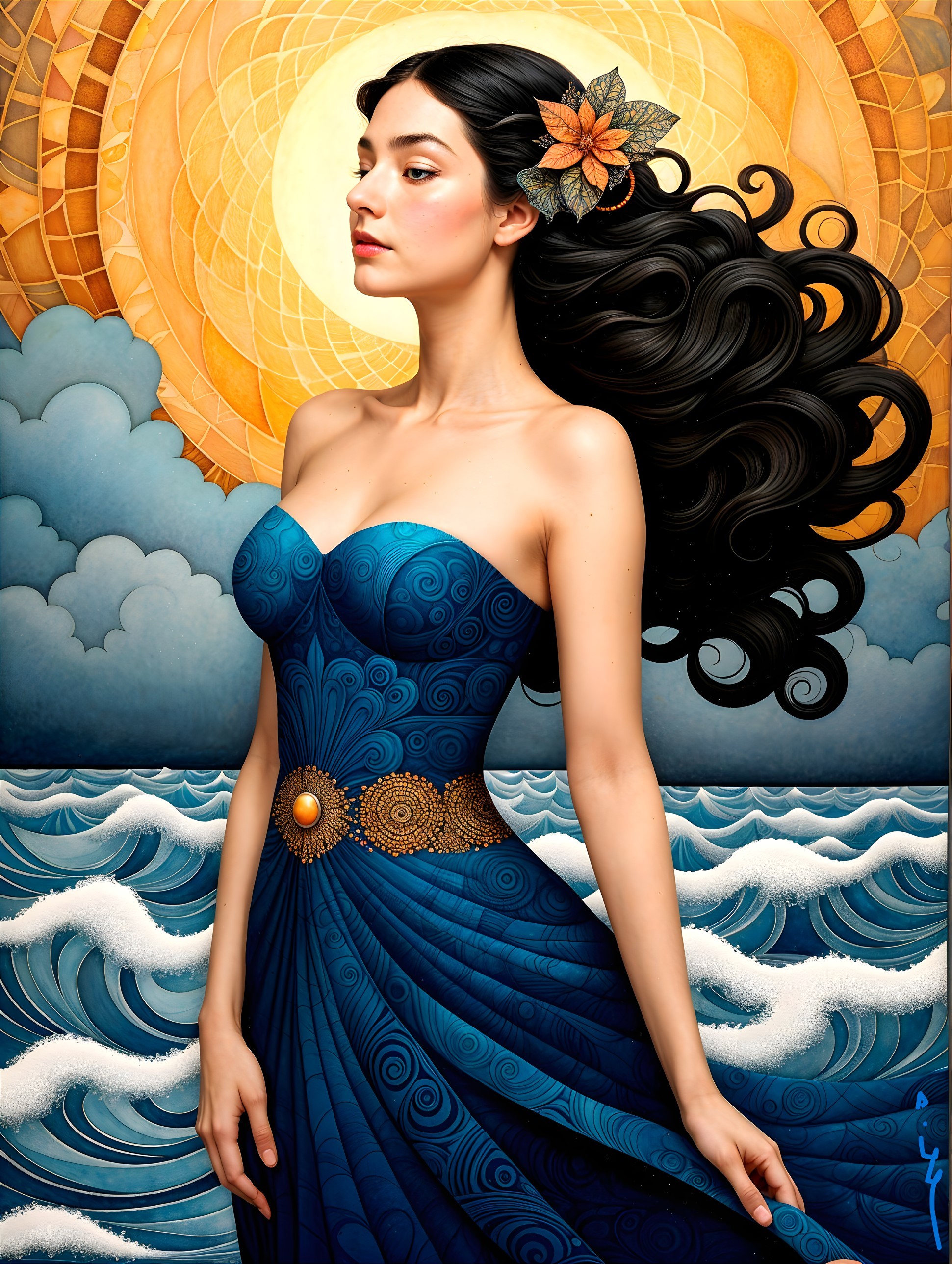 Serene Woman in Blue Dress Against Golden Sun Background