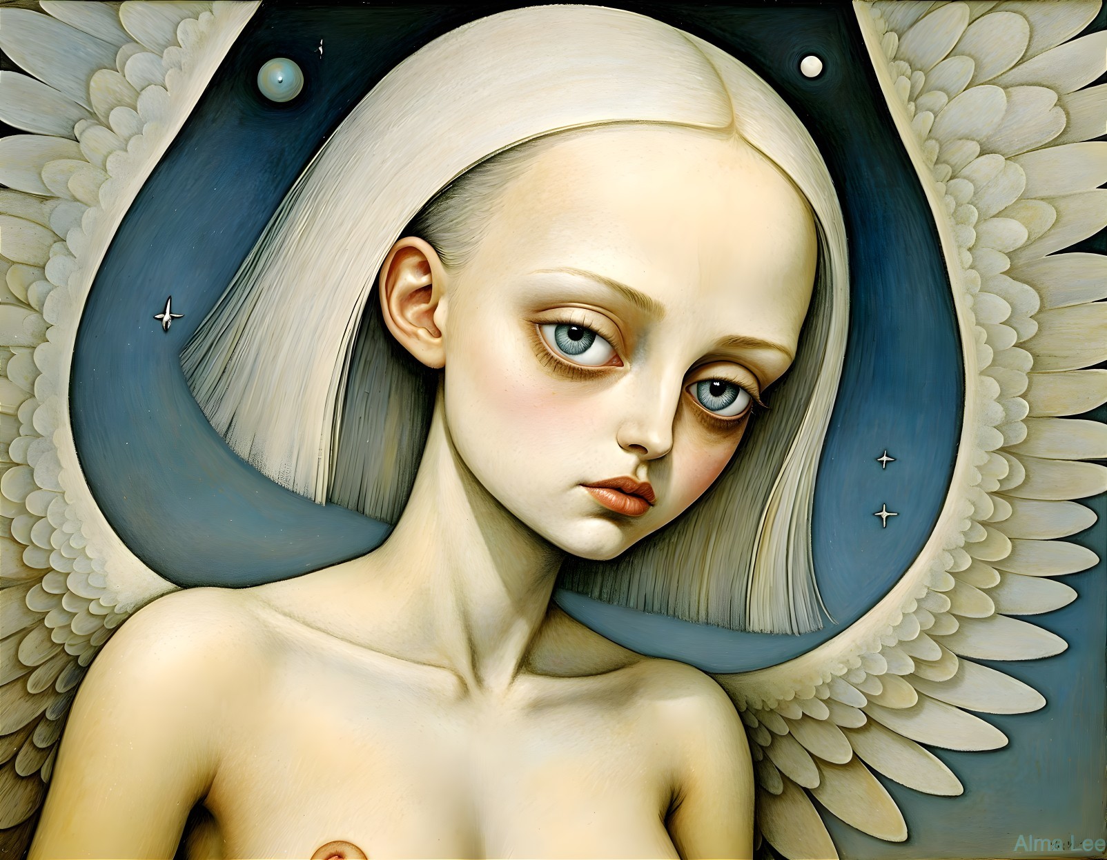 Stylized figure with wings against a starry background