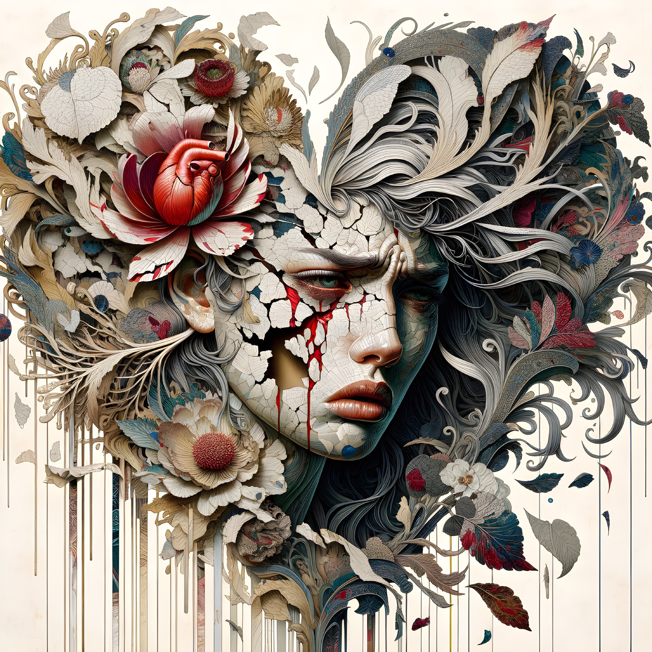 Colorful Floral Motifs on Woman's Face Artwork