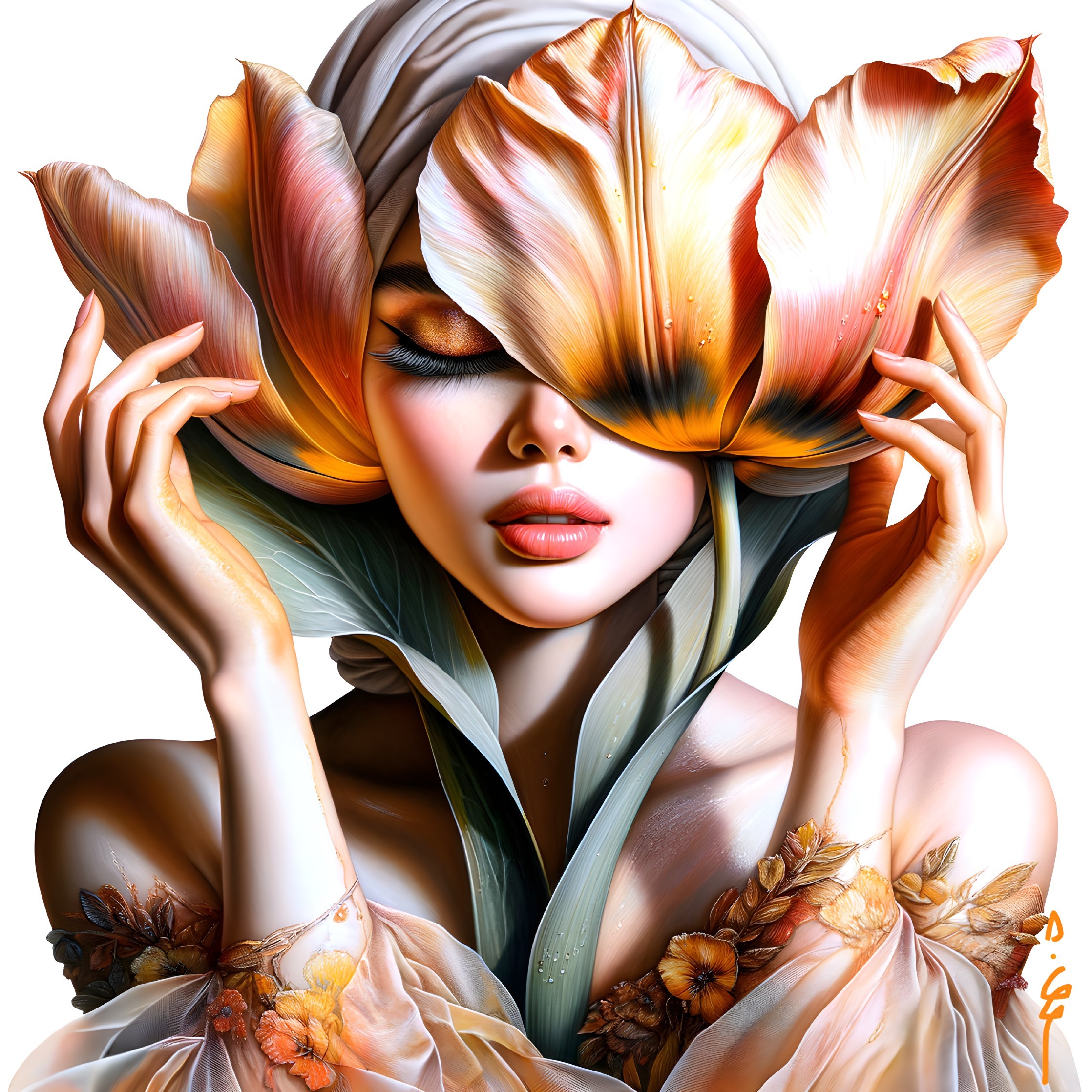 Portrait of a woman with tulip petals and glowing skin