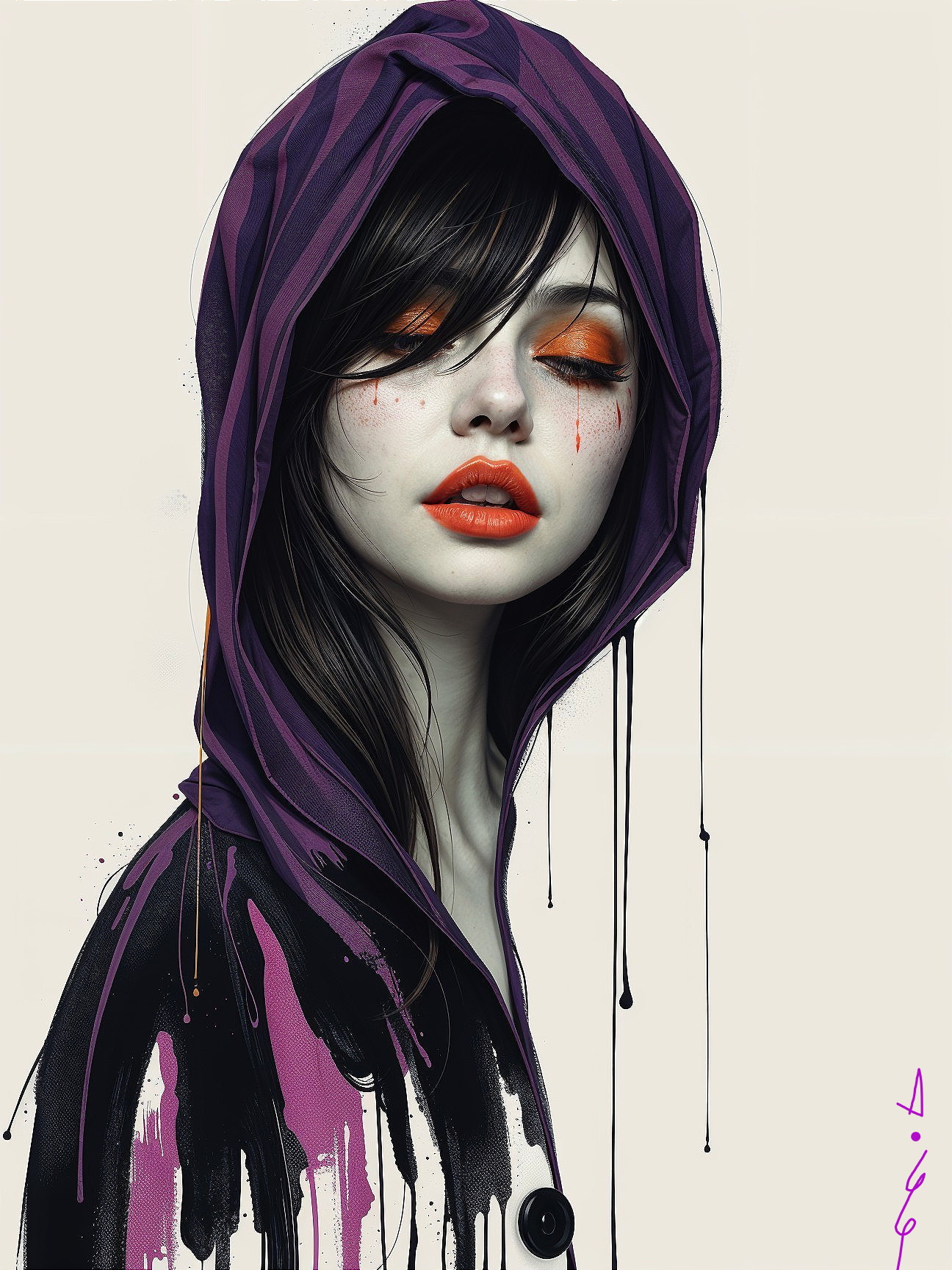 Portrait of a Woman with Hood and Bold Makeup