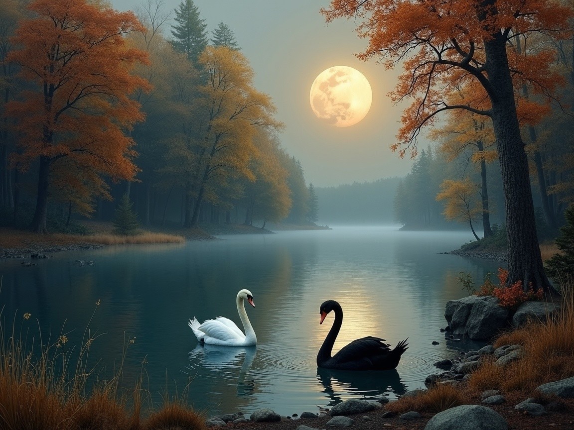 Autumn Landscape with Swans and Reflective Lake