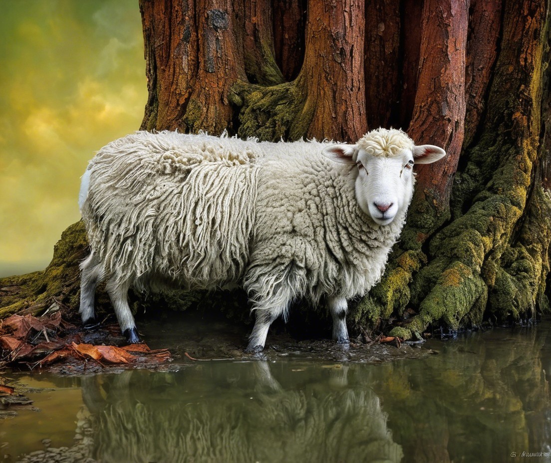 Fluffy Sheep by Textured Tree Trunk and Calm Water