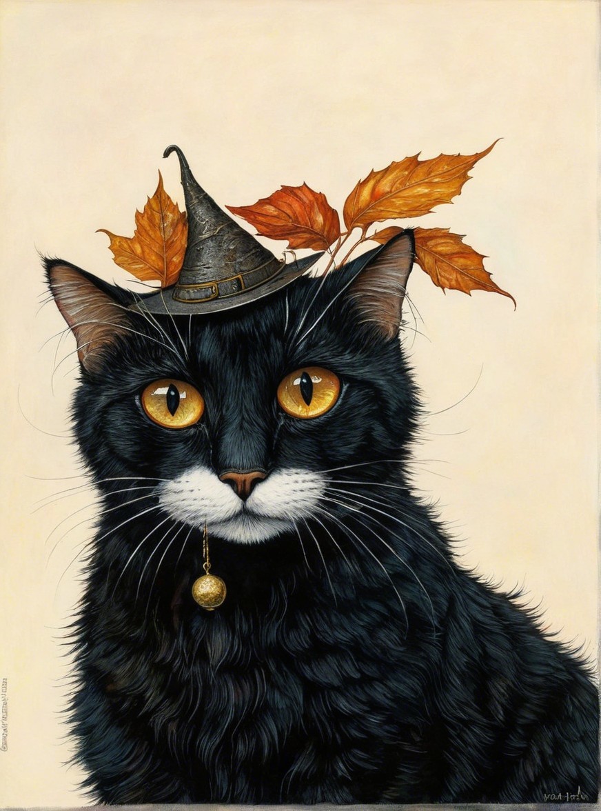 Black Cat in Witch Hat with Autumn Leaves Details
