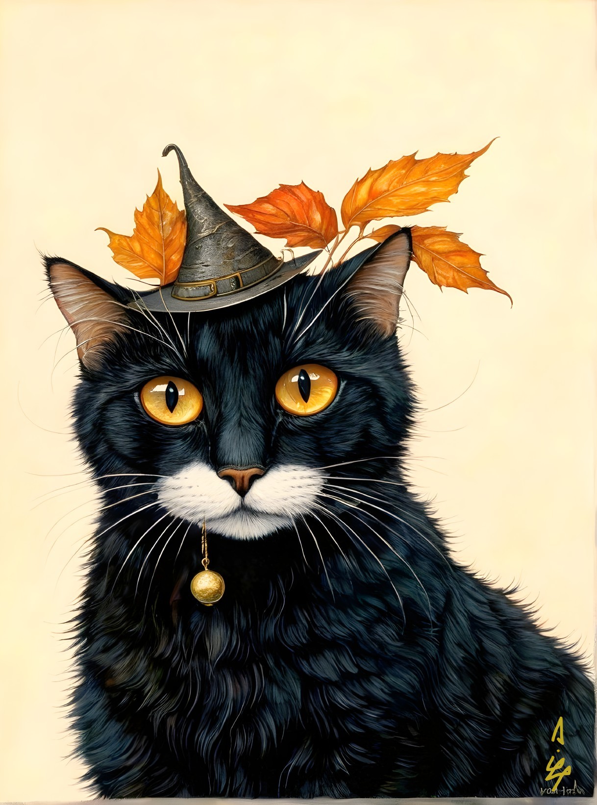 Black Cat in Witch Hat with Autumn Leaves Details