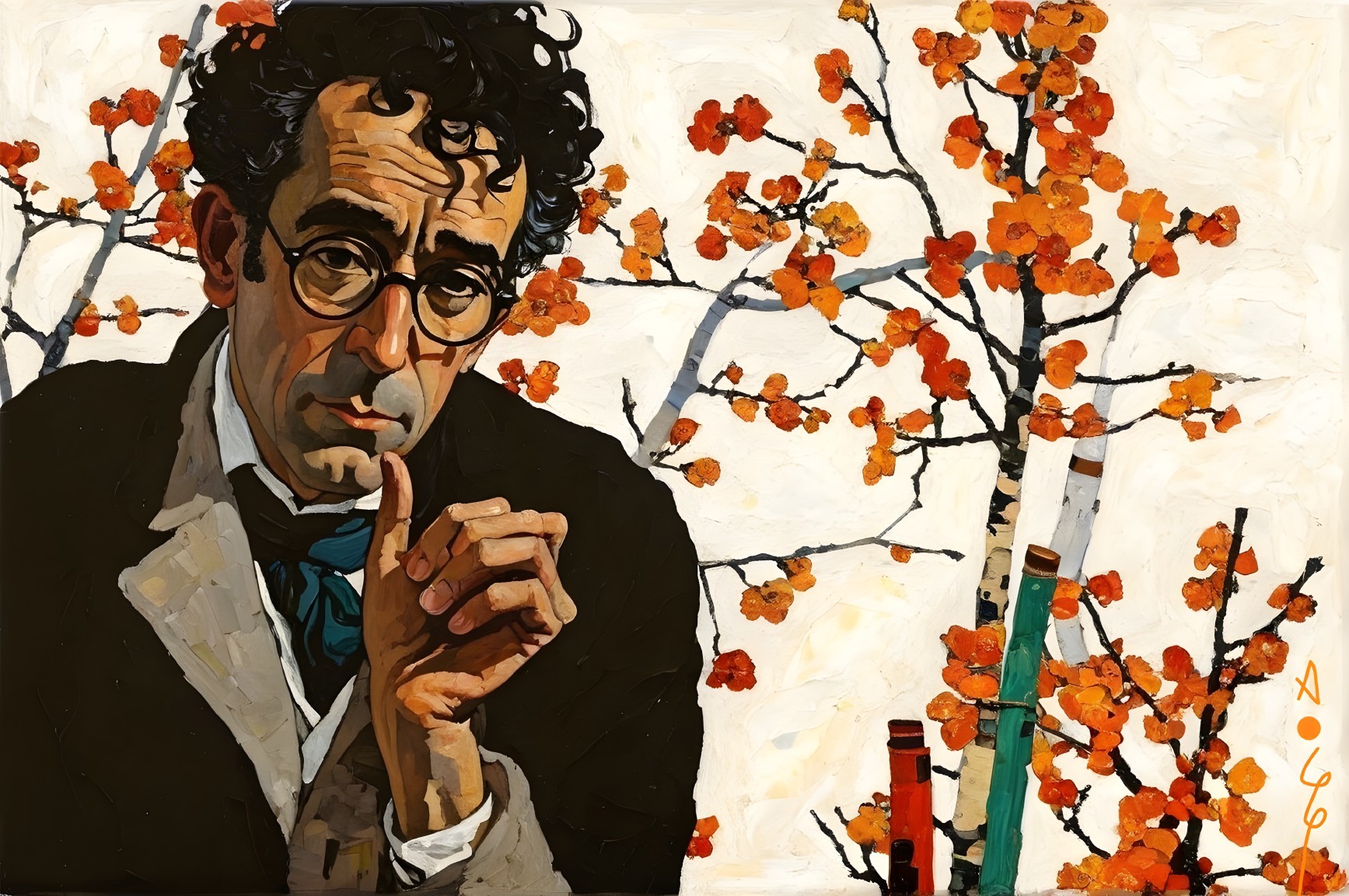 Contemplative Man Surrounded by Colorful Vases and Flowers